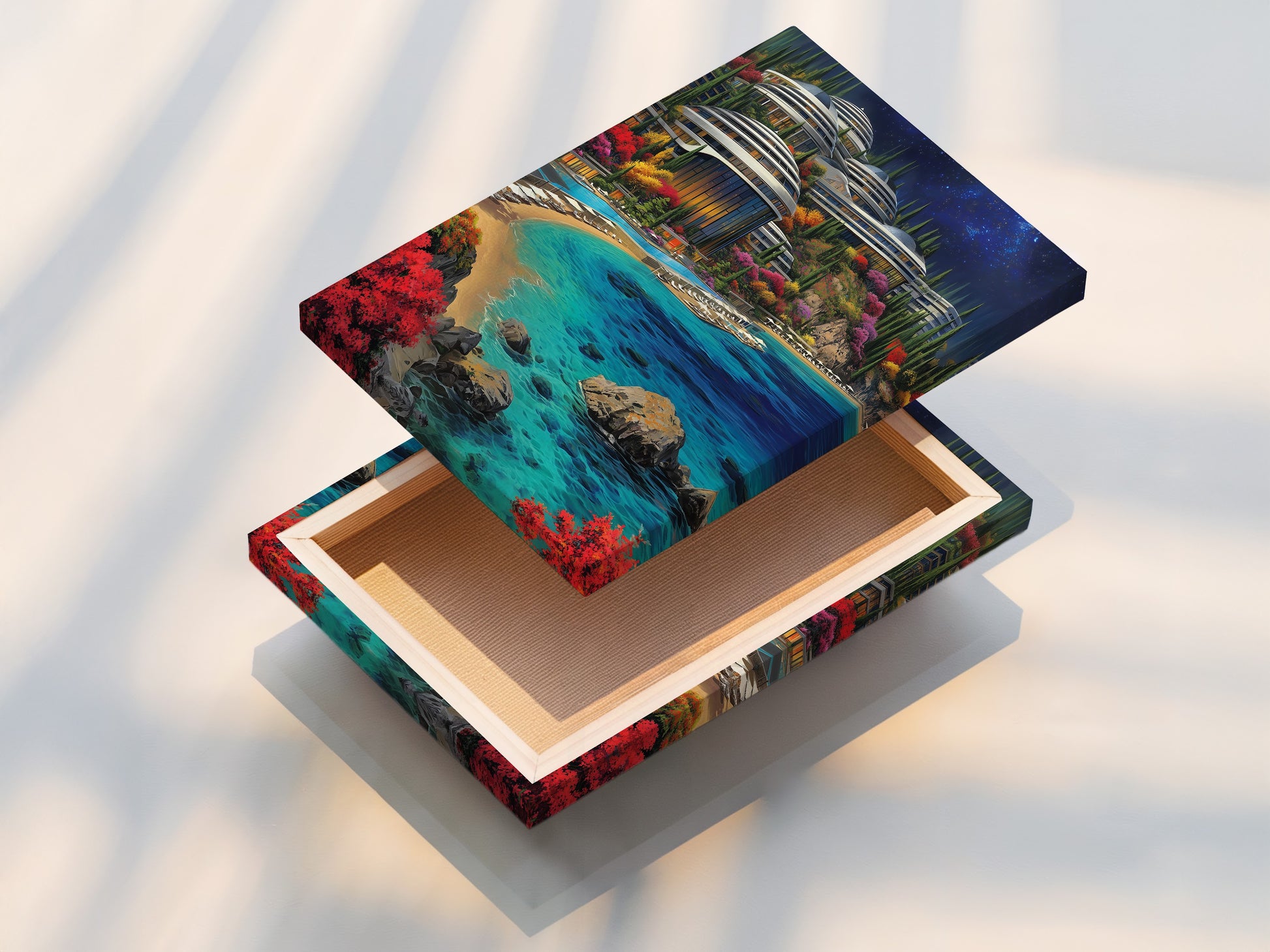 This stretched canvas print features Futuristic Architecture with a stunning turquoise ocean view. The modern coastal cityscape artwork is ready to hang. It transforms any space with its contemporary style. Perfect for adding a touch of sci-fi art to your living room or office.