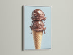A white frame highlights a chocolate ice cream cone artwork. The artwork is displayed on a white wall. The clean white frame offers a modern and minimalist look. This frame ensures the artwork pops. Add a sweet touch to your decor.
