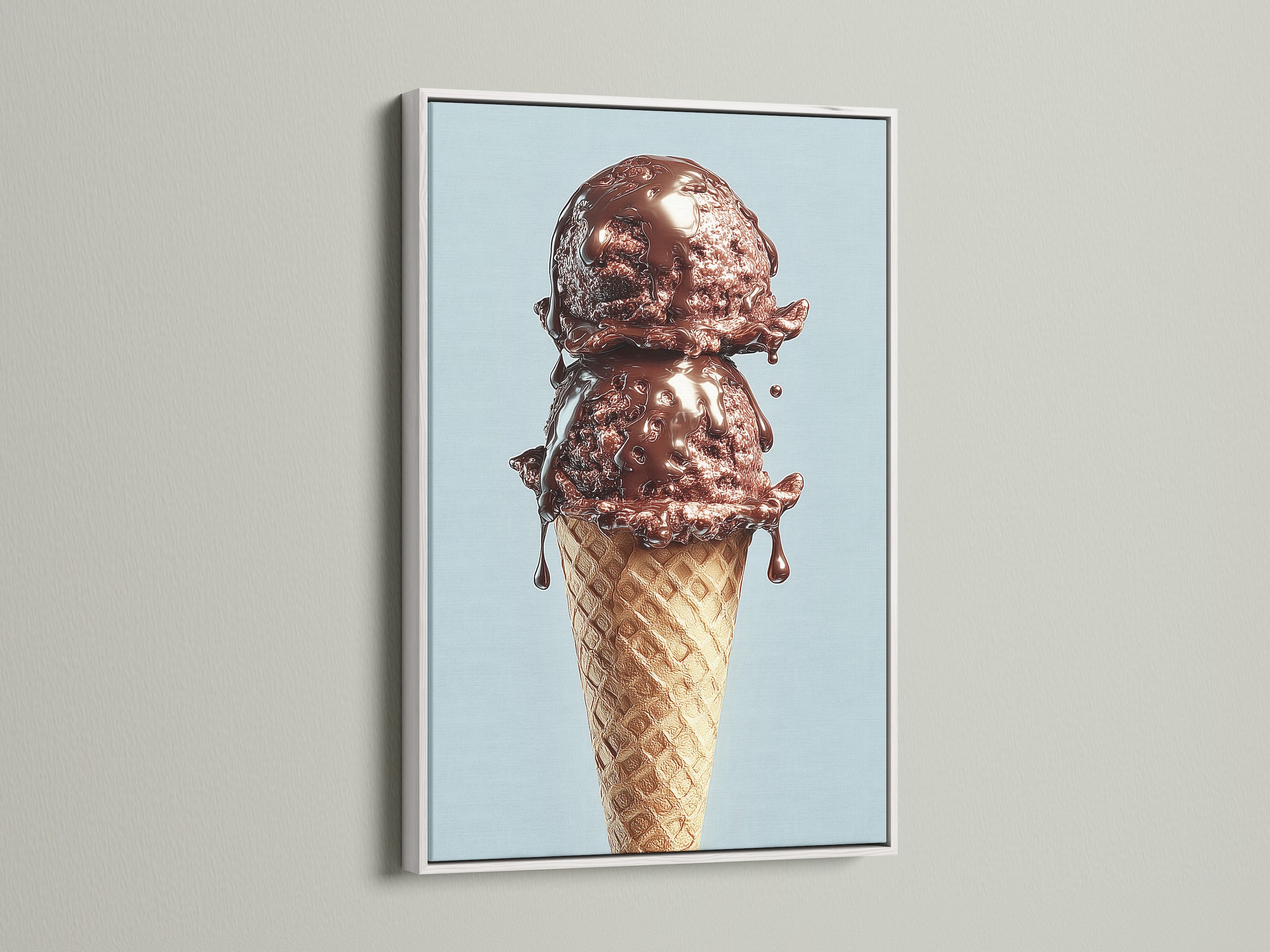 A white frame highlights a chocolate ice cream cone artwork. The artwork is displayed on a white wall. The clean white frame offers a modern and minimalist look. This frame ensures the artwork pops. Add a sweet touch to your decor.