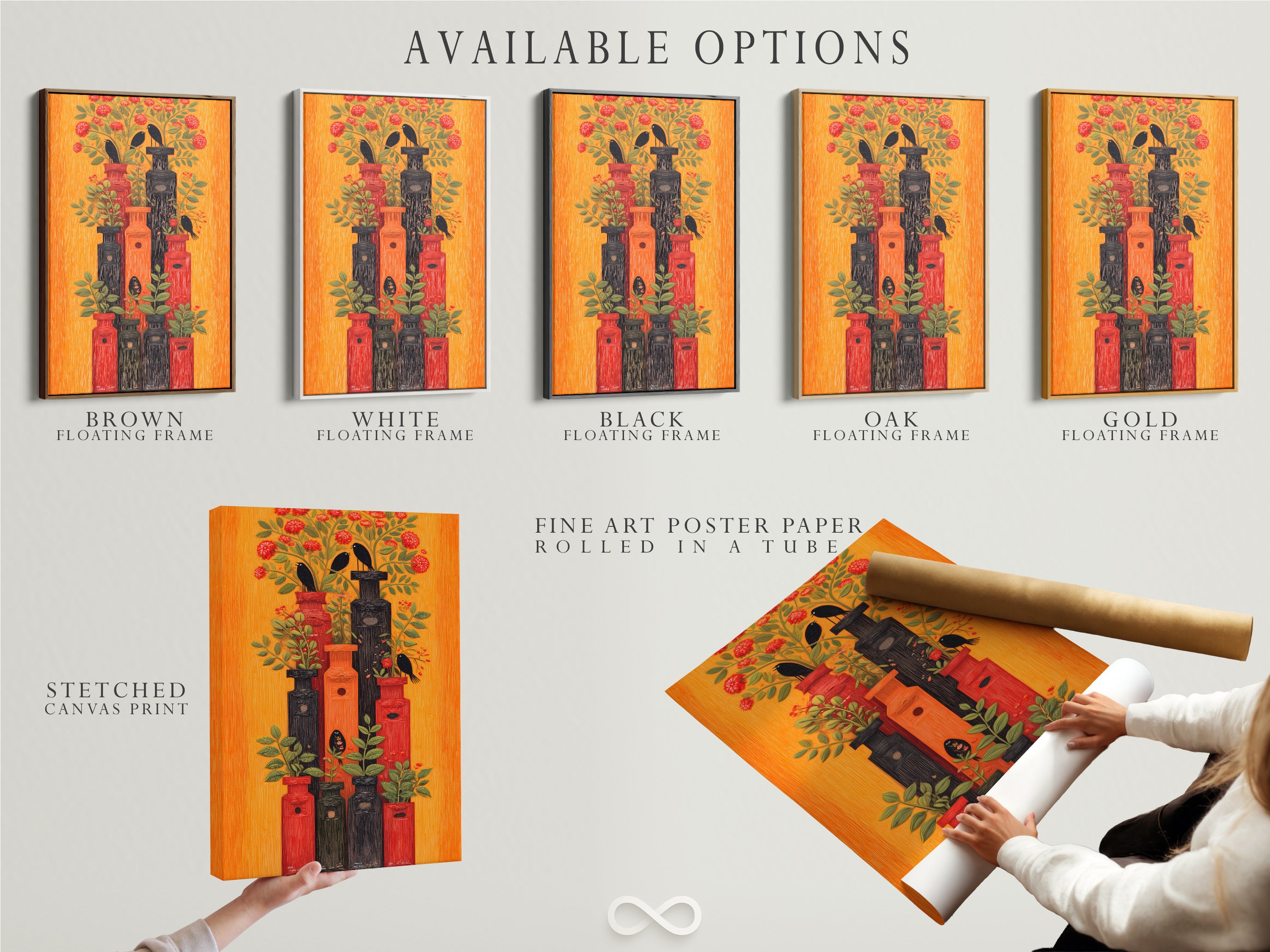 Available options for the Botanical Birds artwork. Choose a stretched canvas print. Select fine art poster paper. Consider a floating frame. Find the perfect fit for your style today.