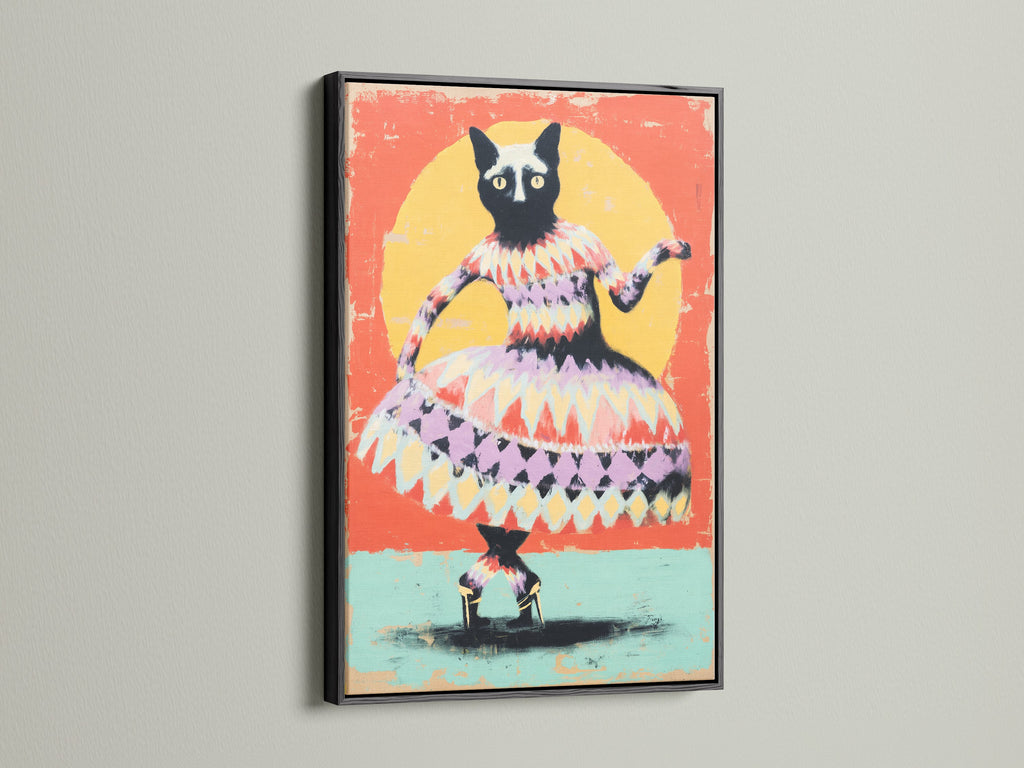 A black frame highlights this whimsical cat art print. The folk art canvas is a quirky addition to any space. It's perfect as animal wall art for a modern home. The playful animal art is sure to bring joy to your kids room.