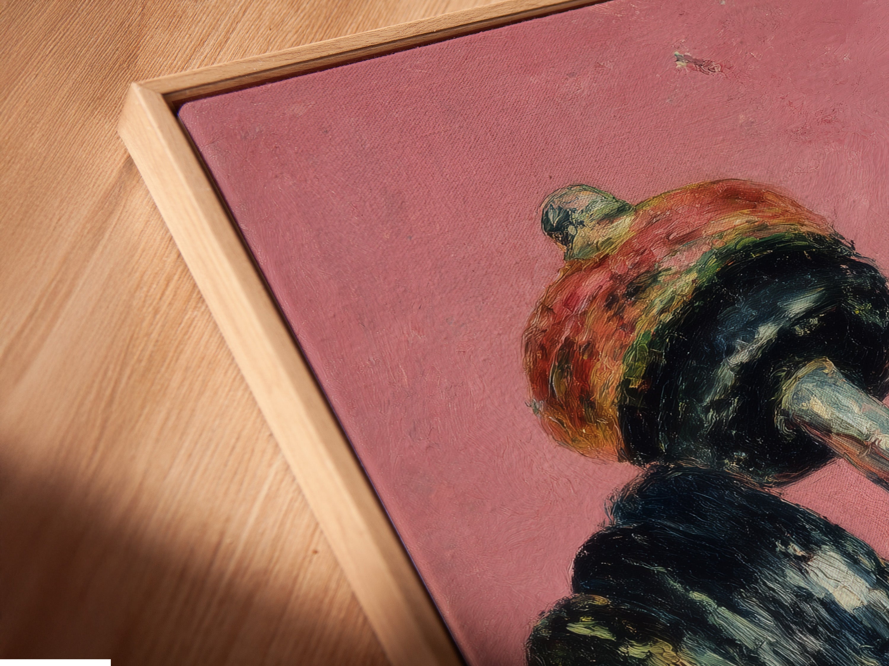 Close-up of a canvas print in a floating frame. The vintage dumbbell artwork print adds charm to any space. The pink canvas is perfect for home gym decor. Enhance your fitness journey with motivational art.