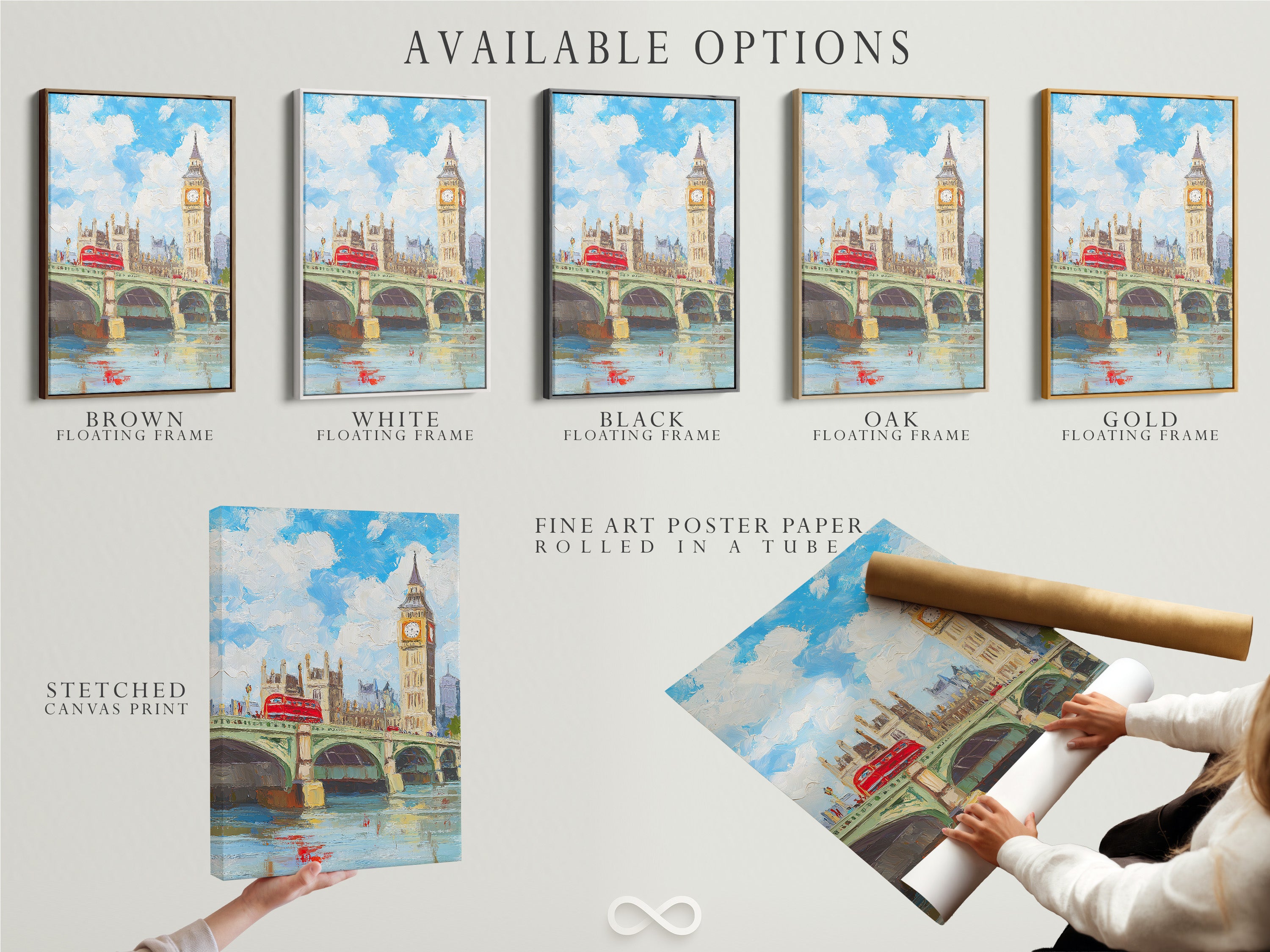 Available options include a stretched canvas print fine art poster paper and a floating frame. Choose the perfect format for your London Big Ben artwork. Customize your British cityscape to fit your style.
