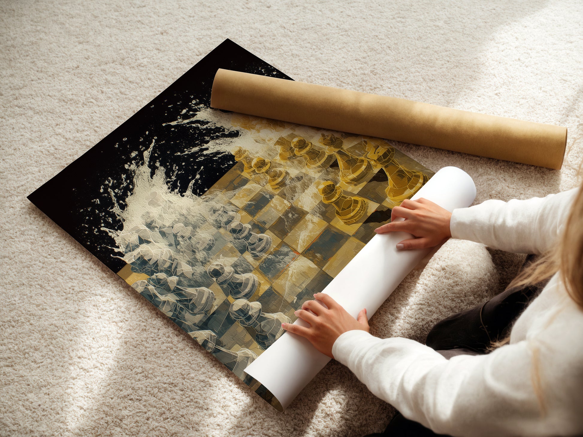 A woman is carefully rolling a fine art poster paper. This highlights the care and quality of our prints. Discover the options available for this chess game artwork. Choose the perfect medium for your space.