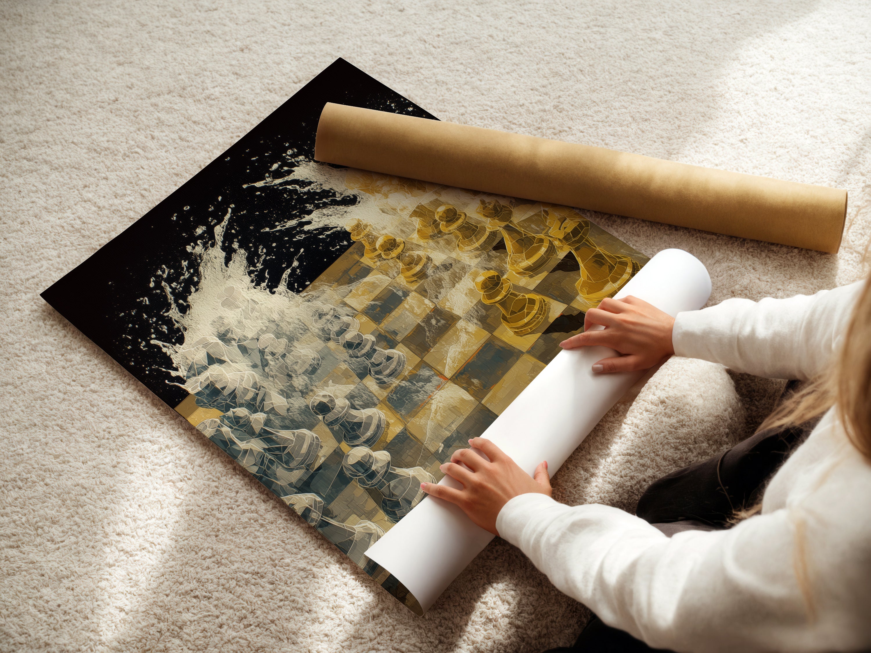 A woman is carefully rolling a fine art poster paper. This highlights the care and quality of our prints. Discover the options available for this chess game artwork. Choose the perfect medium for your space.