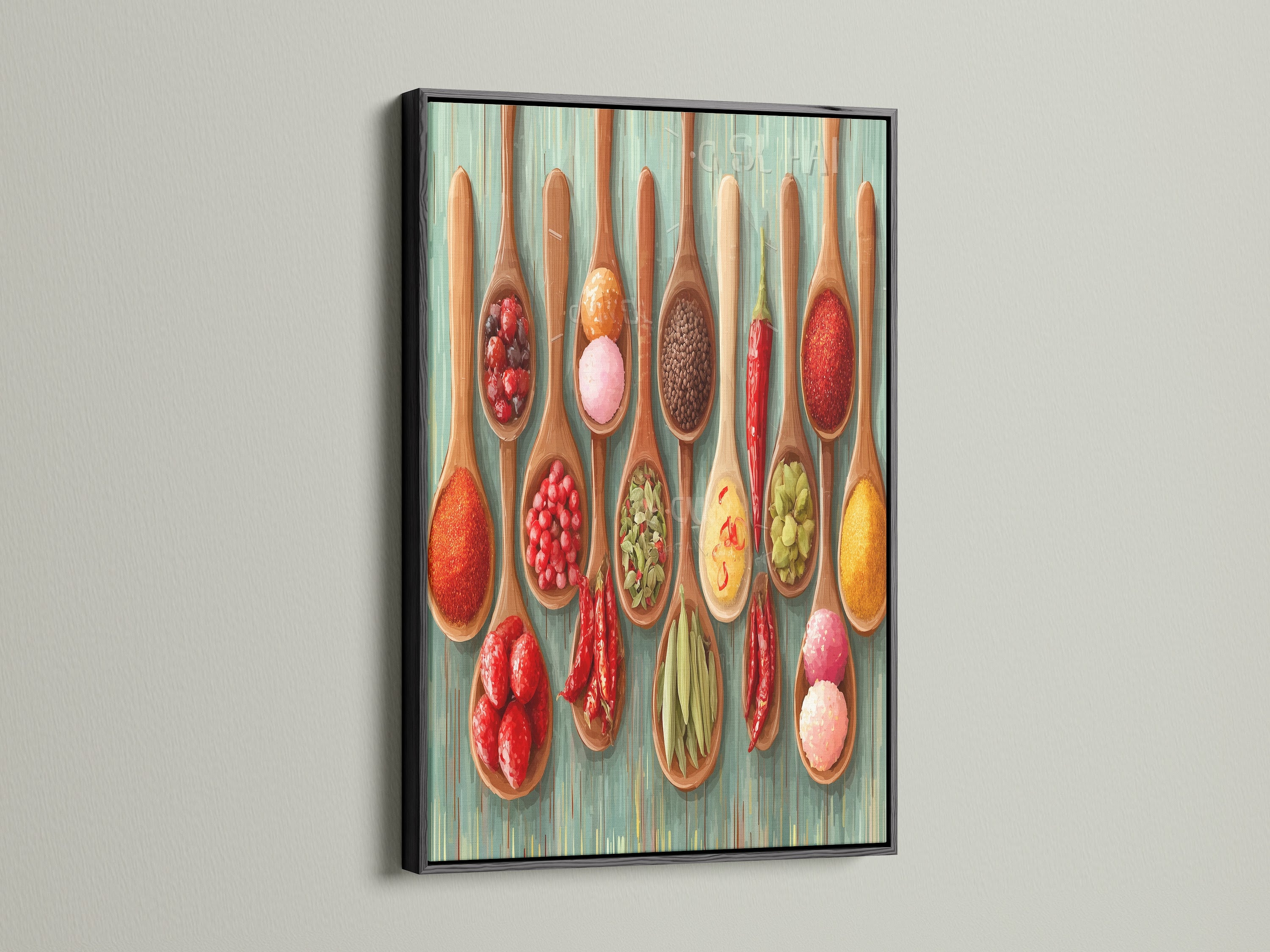 A black frame presents the spice spoons artwork. The food art print is a must-have for culinary schools. The spice art adds a unique touch to any kitchen. This kitchen canvas is great for food blogs. Its the perfect dining room art.
