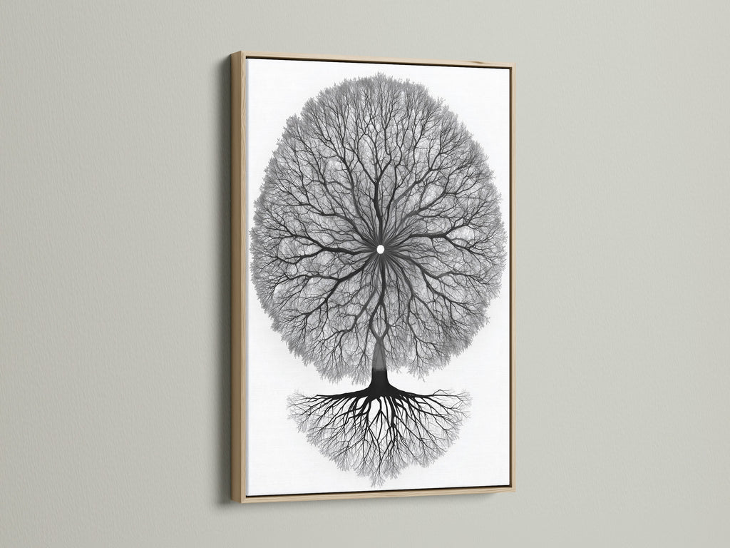 Tree of Life artwork with an oak frame. This mandala tree print is ideal for meditation room decor. The spiritual wall art complements contemporary and minimalist styles. Enhance your home office or yoga studio.