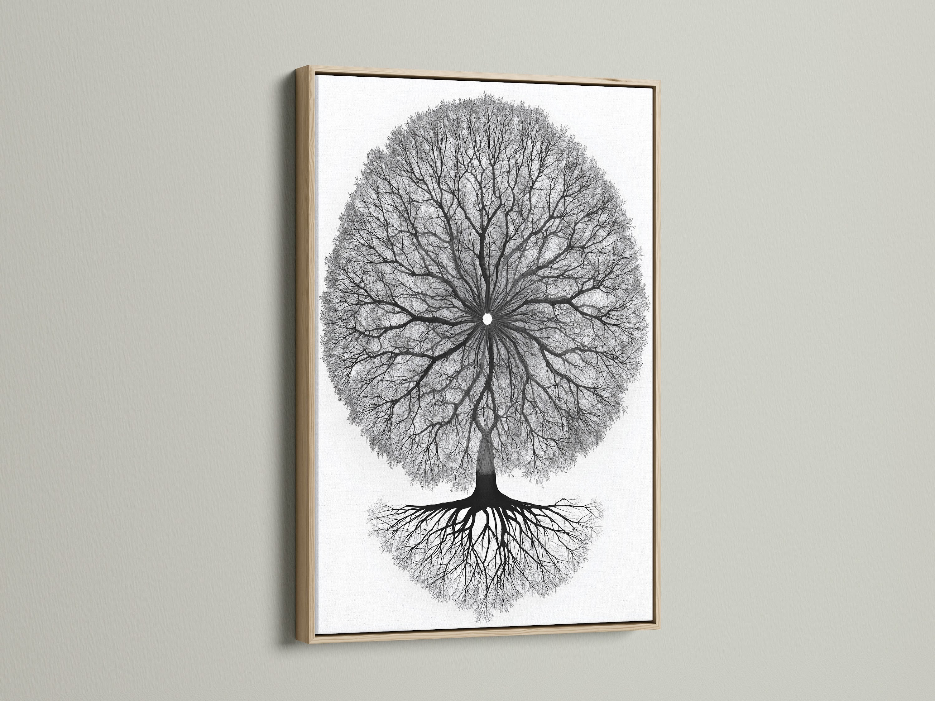 Tree of Life artwork with an oak frame. This mandala tree print is ideal for meditation room decor. The spiritual wall art complements contemporary and minimalist styles. Enhance your home office or yoga studio.