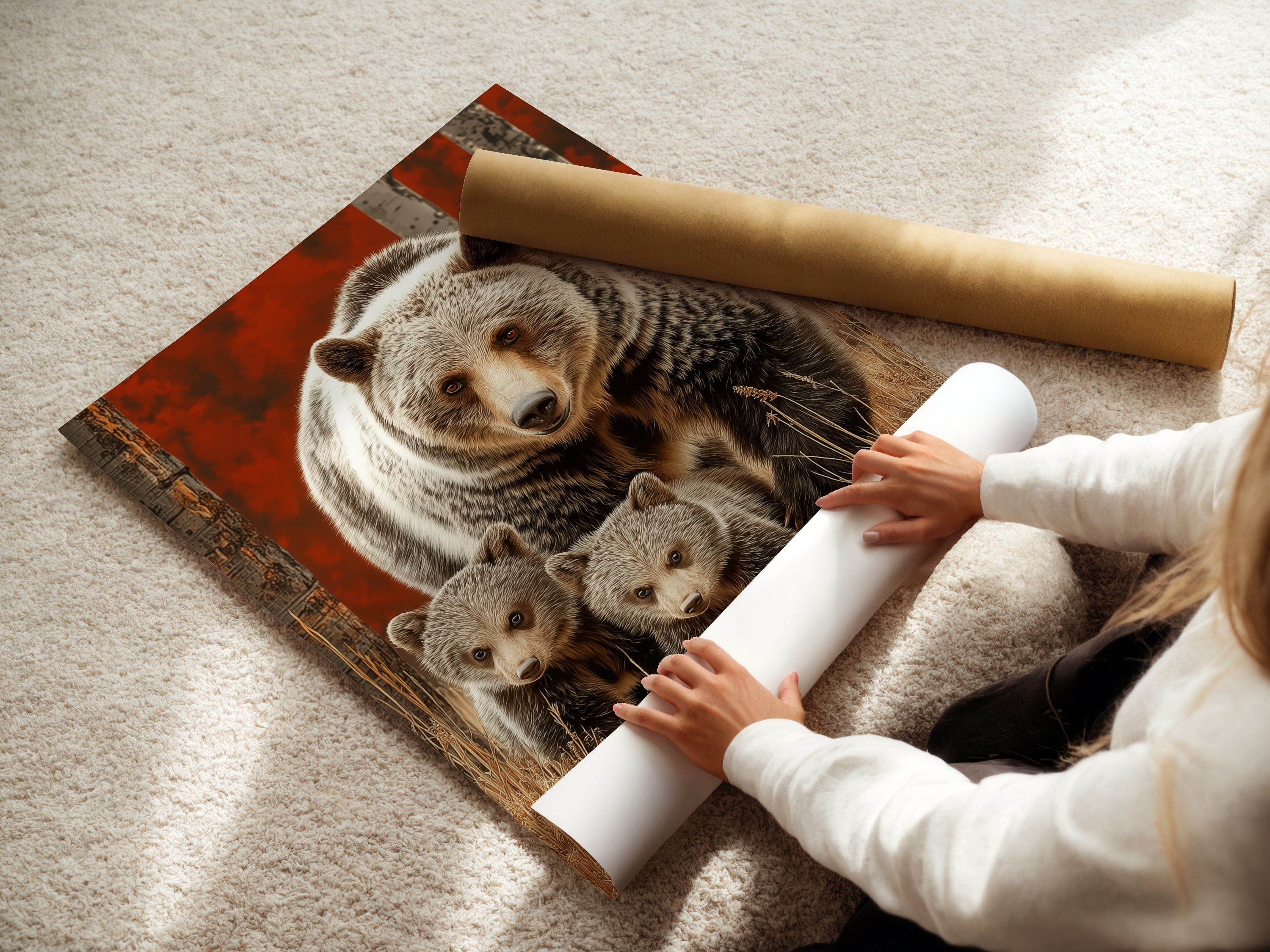 A woman carefully rolling a fine art poster paper print of a Grizzly Bear family. This highlights the care in handling nature prints. Ideal for those who appreciate animal wall decor. Perfect for adding to your art collection.