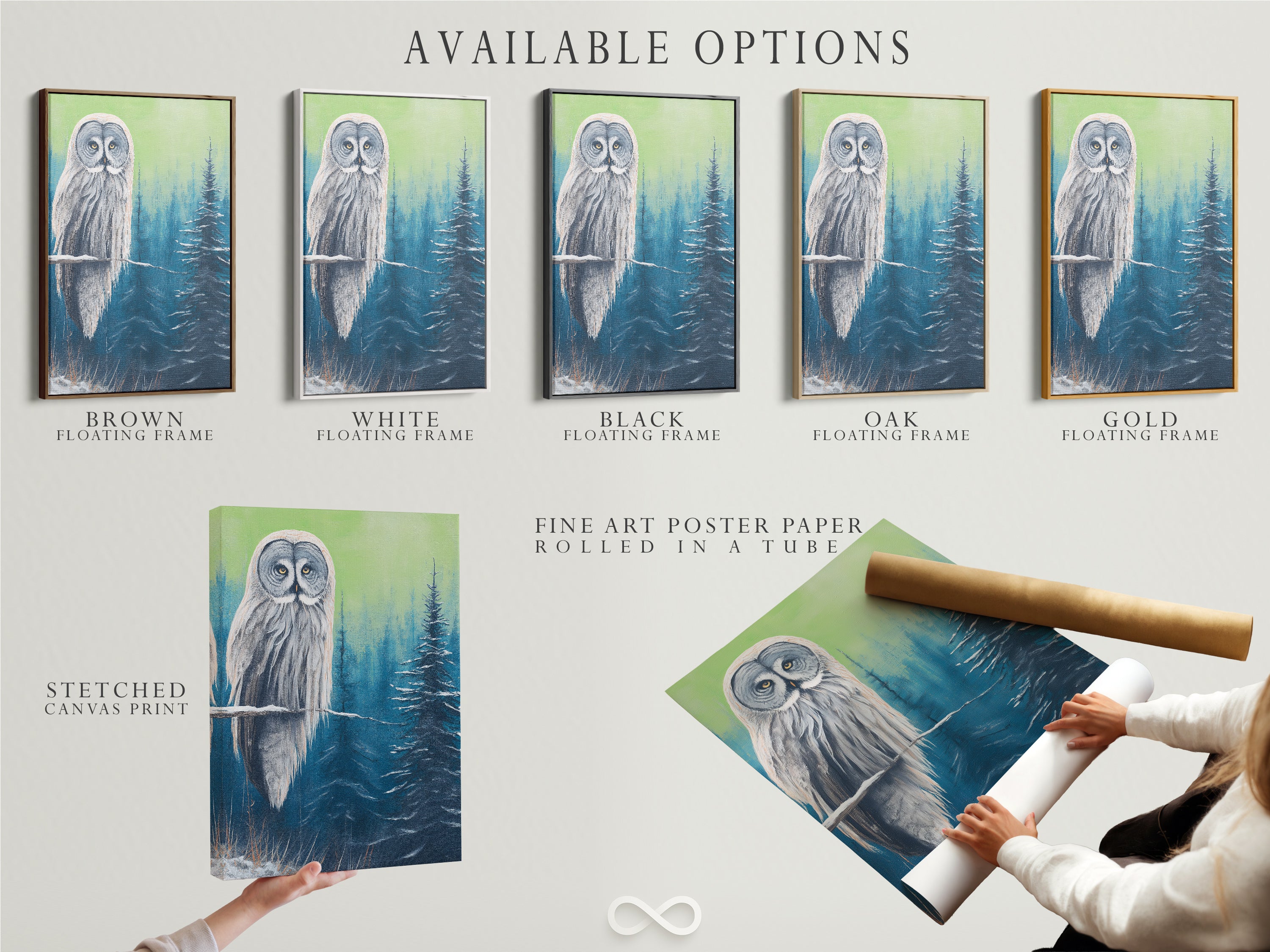 Available options for our owl artwork. Choose from stretched canvas prints fine art poster paper or floating frames. Find the perfect style to complement your cabin wall decor. Enhance your space with nature prints.