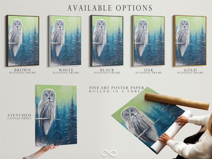 Available options for our owl artwork. Choose from stretched canvas prints fine art poster paper or floating frames. Find the perfect style to complement your cabin wall decor. Enhance your space with nature prints.