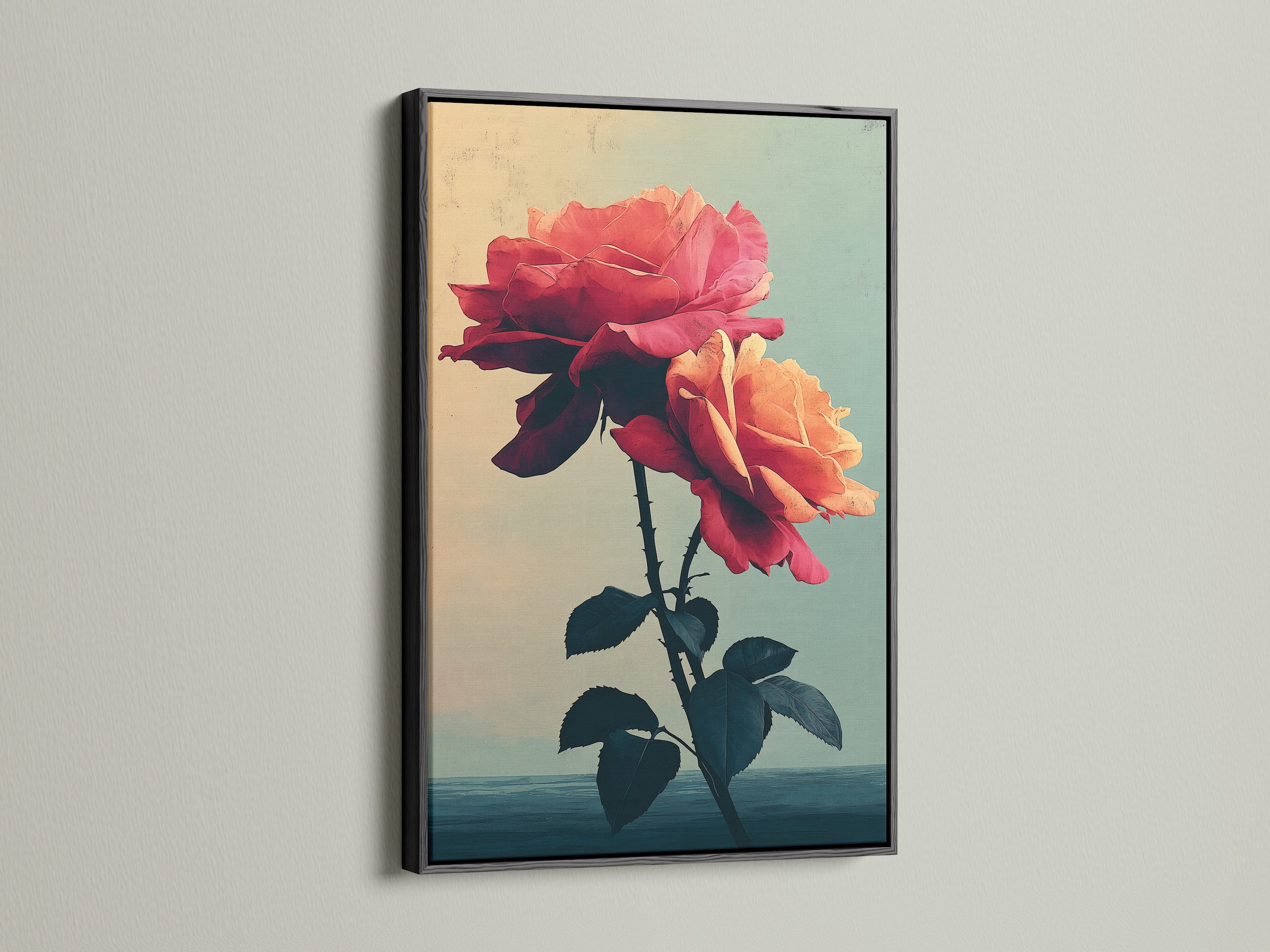 A vintage rose artwork featuring peach and coral hues is elegantly framed in black. This floral canvas print adds a touch of sophistication to any space. Ideal for bedroom decor or as a statement piece of flower artwork. It’s perfect for spaces needing a touch of botanical grace and timeless appeal.