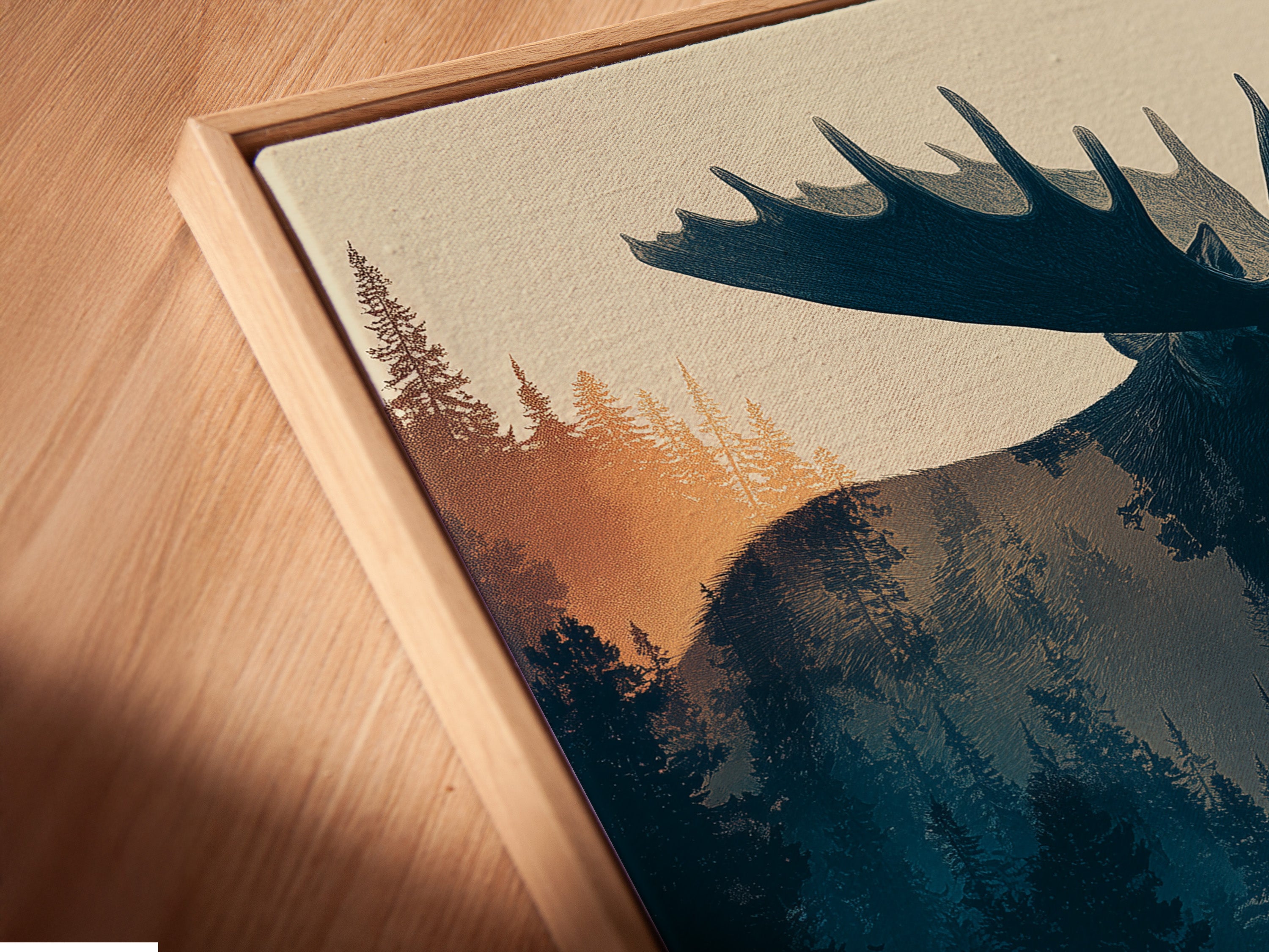 A close-up angled view of a canvas print in a floating frame. The floating frame gives the art a modern look. The canvas print appears to float within the frame. Explore how floating frames enhance canvas artwork. Order your floating frame canvas print now.