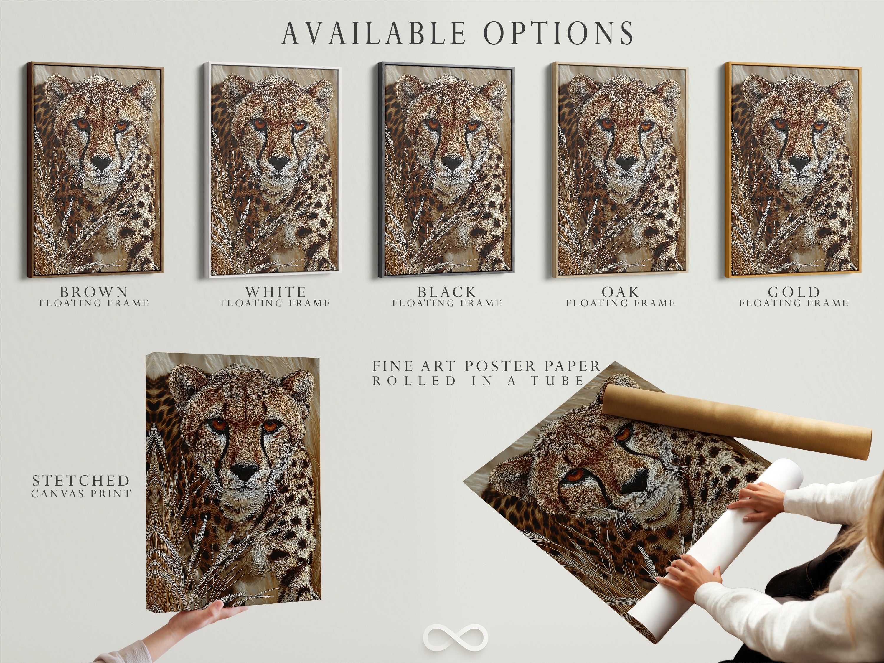 Available options are showcased including a stretched canvas print fine art poster paper and a floating frame. Choose the perfect format for your cheetah artwork. Customize your African animal art to suit your style and space.