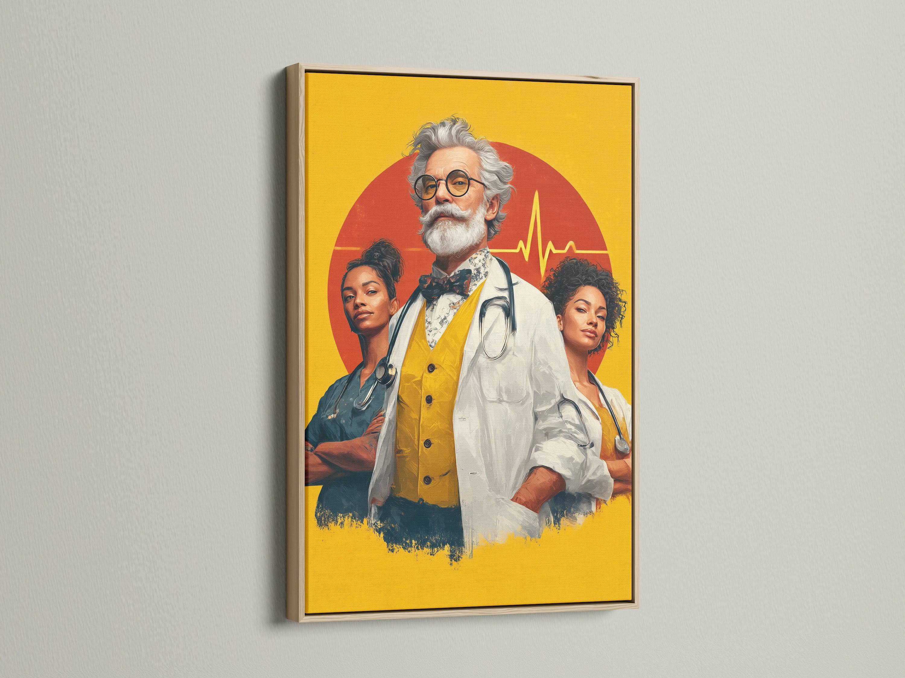 The medical team artwork is displayed in an oak frame. The artwork features a doctor and nurses set against a yellow and red backdrop. Elevate your healthcare wall art with this framed doctor office decor. Perfect for nurse appreciation and clinic wall art.