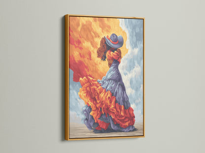 Flamenco dancer art in a gold frame. This Spanish wall art showcases a dress canvas art. The orange and teal artwork is perfect for studio decor. Add artistic wall art to your space.