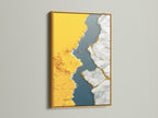 Explore abstract gold river canvas art with a gold frame. The modern teal wall art adds luxury to any space. It's perfect for a contemporary office or elegant home. A gold frame will enhance your artwork with luxury.