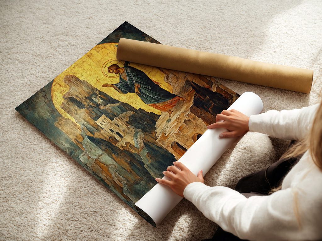 A woman is carefully rolling a fine art poster paper print of the Byzantine Angel. This religious artwork is ready to be shipped. The fine art poster paper highlights the beauty of this angel artwork. Perfect for any sacred space.