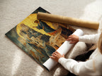 A woman is carefully rolling a fine art poster paper print of the Byzantine Angel. This religious artwork is ready to be shipped. The fine art poster paper highlights the beauty of this angel artwork. Perfect for any sacred space.