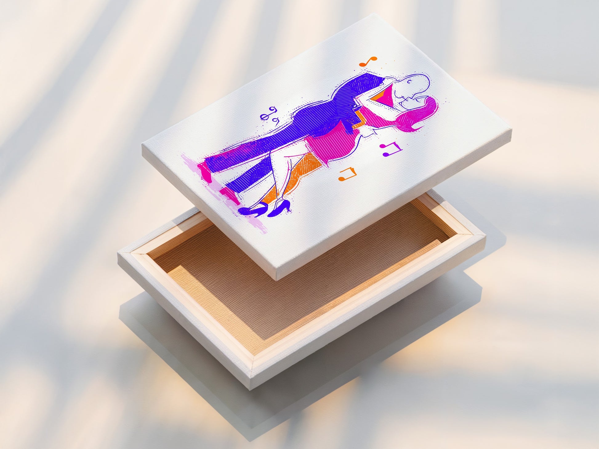 The stretched canvas print showcases dancing couple art. The abstract figures come to life. This modern line art is perfect for any room. It serves as excellent home wall decor. A unique gift for dancers or art aficionados.