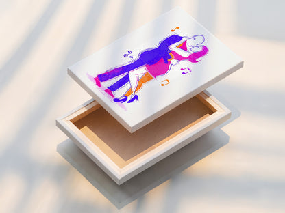 The stretched canvas print showcases dancing couple art. The abstract figures come to life. This modern line art is perfect for any room. It serves as excellent home wall decor. A unique gift for dancers or art aficionados.
