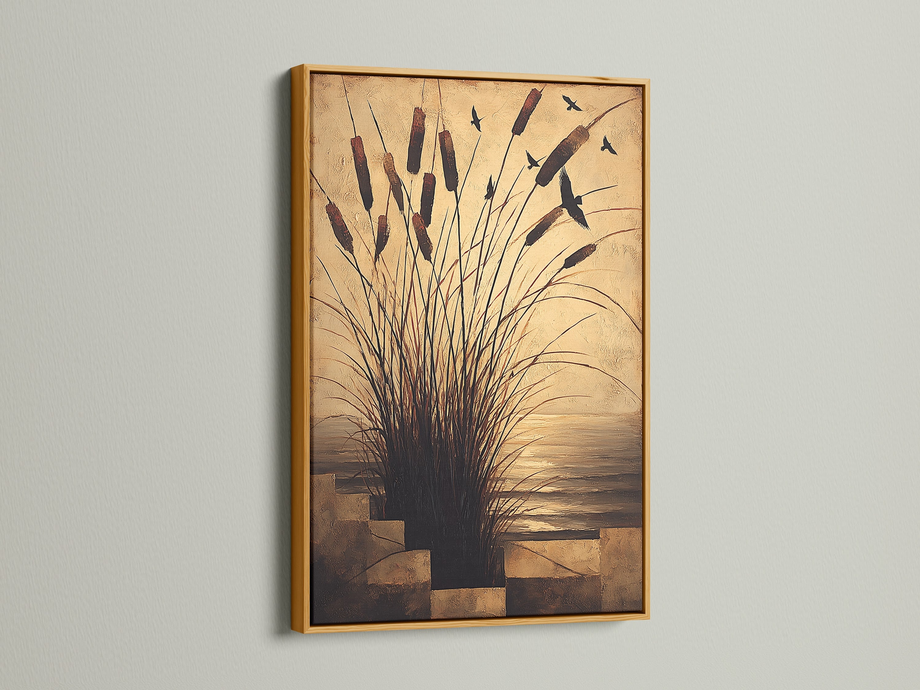 Cattails canvas print in a gold frame. This birds over water artwork exudes elegance. A perfect blend of coastal and neutral elements. Enhance your home wall decor with this serene art.