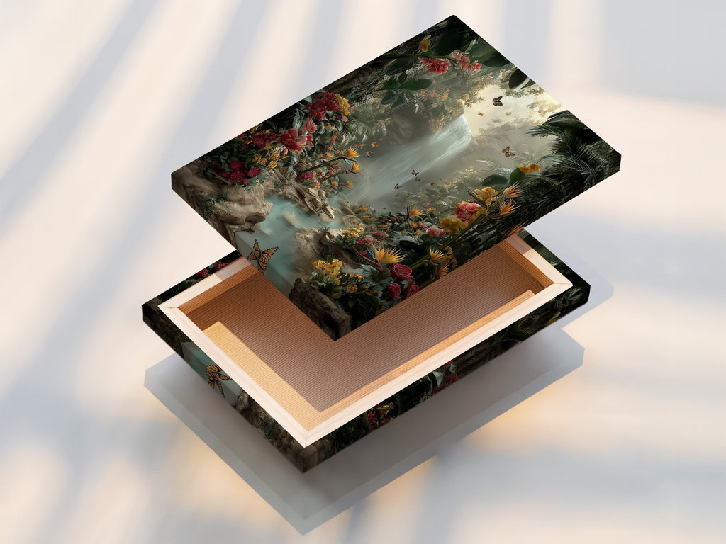 A stretched canvas print of the Tropical Waterfall artwork. The artwork showcases a vibrant jungle paradise with butterflies and a waterfall. The stretched canvas provides a gallery-worthy look. Bring nature into your home with this ready-to-hang piece. Perfect for adding color and life to any room.