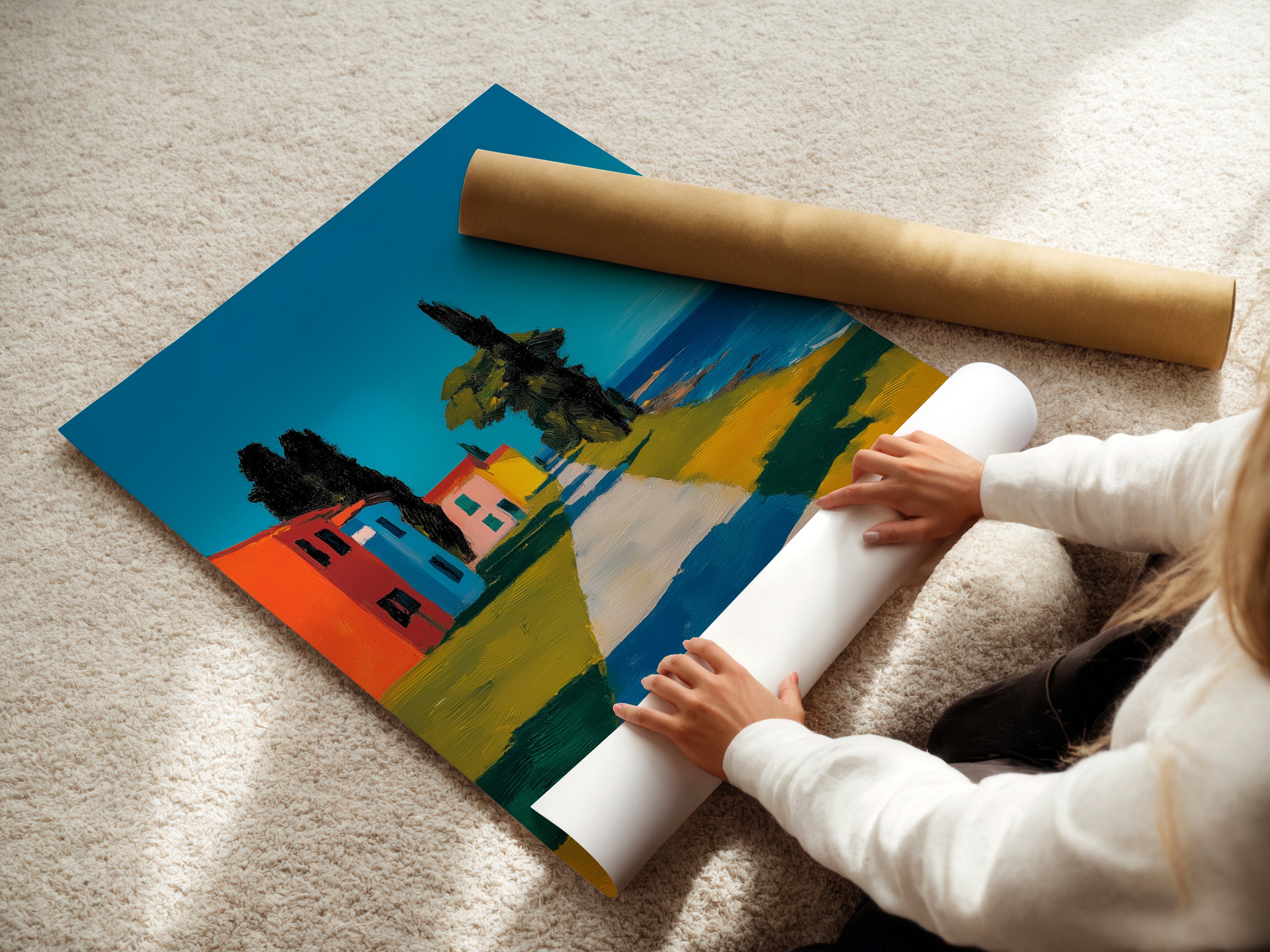 A woman is rolling a fine art poster paper. The poster paper showcases the colorful buildings by the coast. This high quality paper ensures vibrant colors and sharp details. Perfect for art enthusiasts and collectors. The poster is ready for framing.