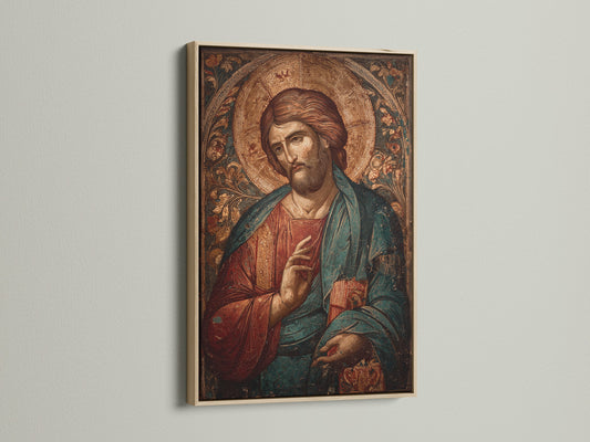 A detailed close-up shows an oak frame enhancing a religious art print. The warm tones of the oak add a classic touch. This frame beautifully complements the artwork. Perfect for traditional interiors.