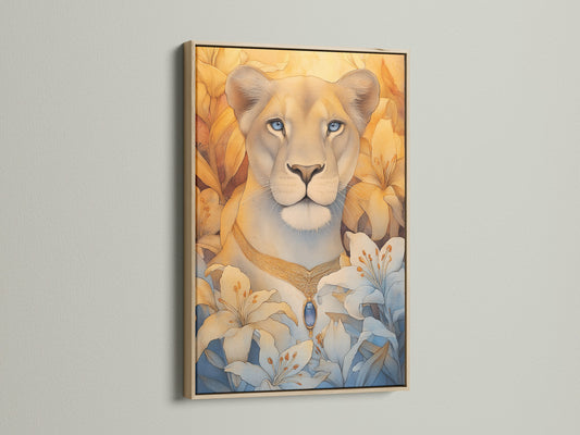 Lioness Portrait Canvas Art in an oak frame. This artwork features a beige and gold color palette. It suits contemporary minimalist and bohemian aesthetics. Ideal for living rooms bedrooms and nurseries. Discover floral wildlife art now