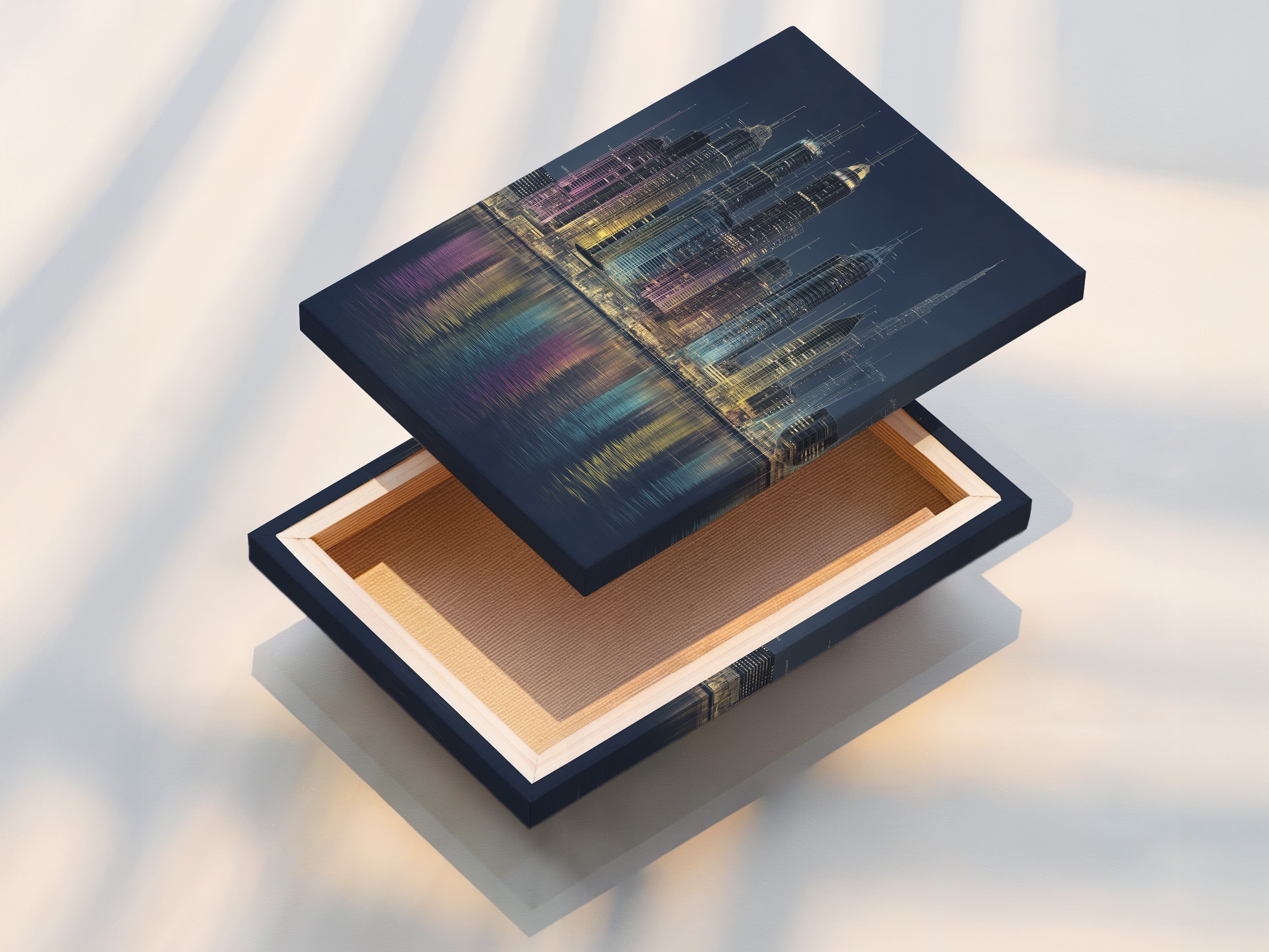 A stretched canvas print featuring a vibrant city skyline. This modern urban wall art is ready to hang. The cityscape reflection adds depth and dimension. Ideal for enhancing office wall decor or living room art. This skyline canvas print brings a touch of metropolitan elegance. The stretched canvas provides a gallery-worthy look.