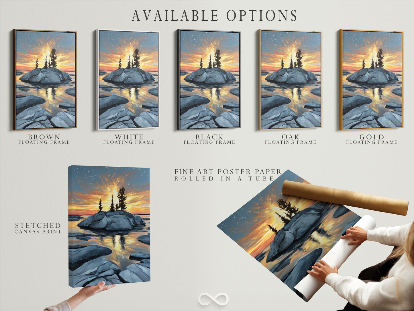 Available options for the coastal sunset artwork. Choose from stretched canvas prints fine art poster paper and floating frames. Perfect wall art for living rooms and bedrooms. Golden hour seascape photography