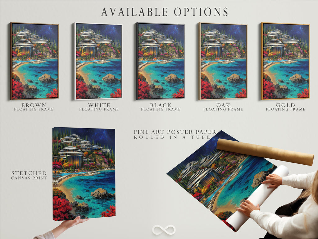 Explore available options for the Futuristic Architecture artwork. Choose from a stretched canvas print fine art poster paper or a floating frame. Each option enhances the turquoise ocean and modern cityscape. Find the perfect style to complement your contemporary decor.
