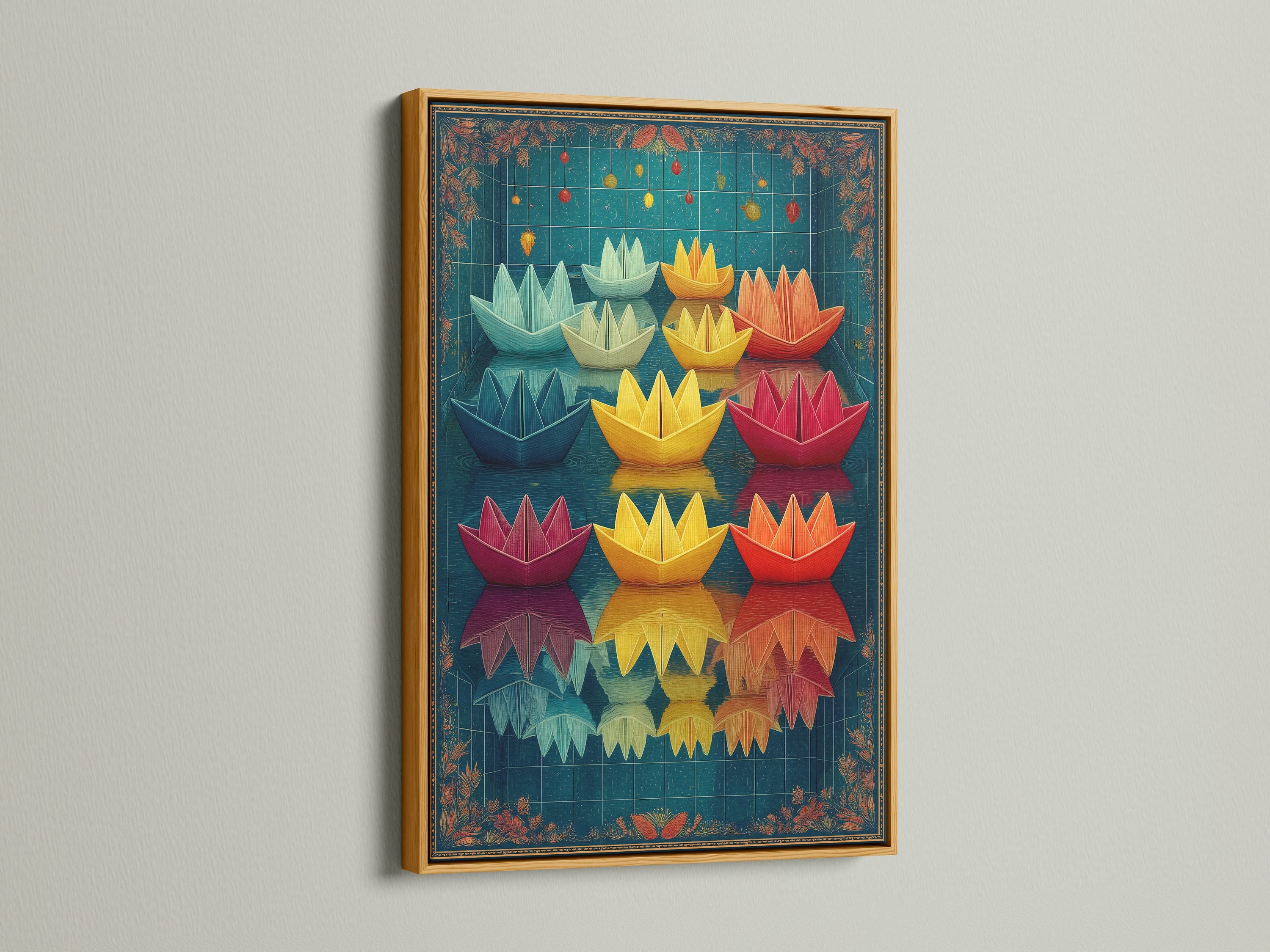 Paper Boat Canvas Print with a Gold Frame. This vibrant print adds a touch of elegance. The gold frame complements the teal and red colors. The origami art is perfect for kids' rooms and playrooms.