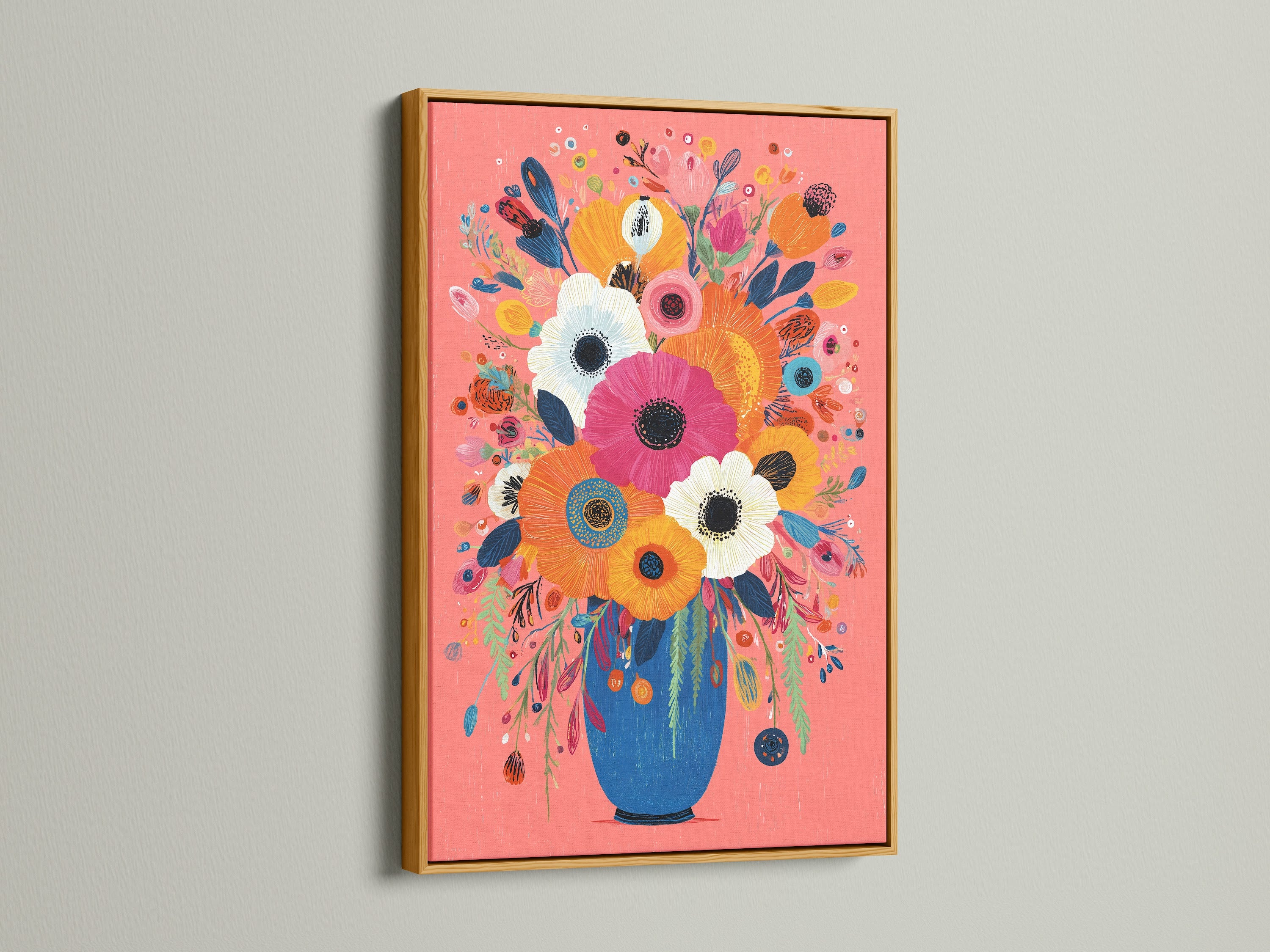 Colorful Floral Bouquet Art Print - Vibrant Flowers in Blue Vase Wall Art, Modern Botanical Poster, Pink Coral Home Decor