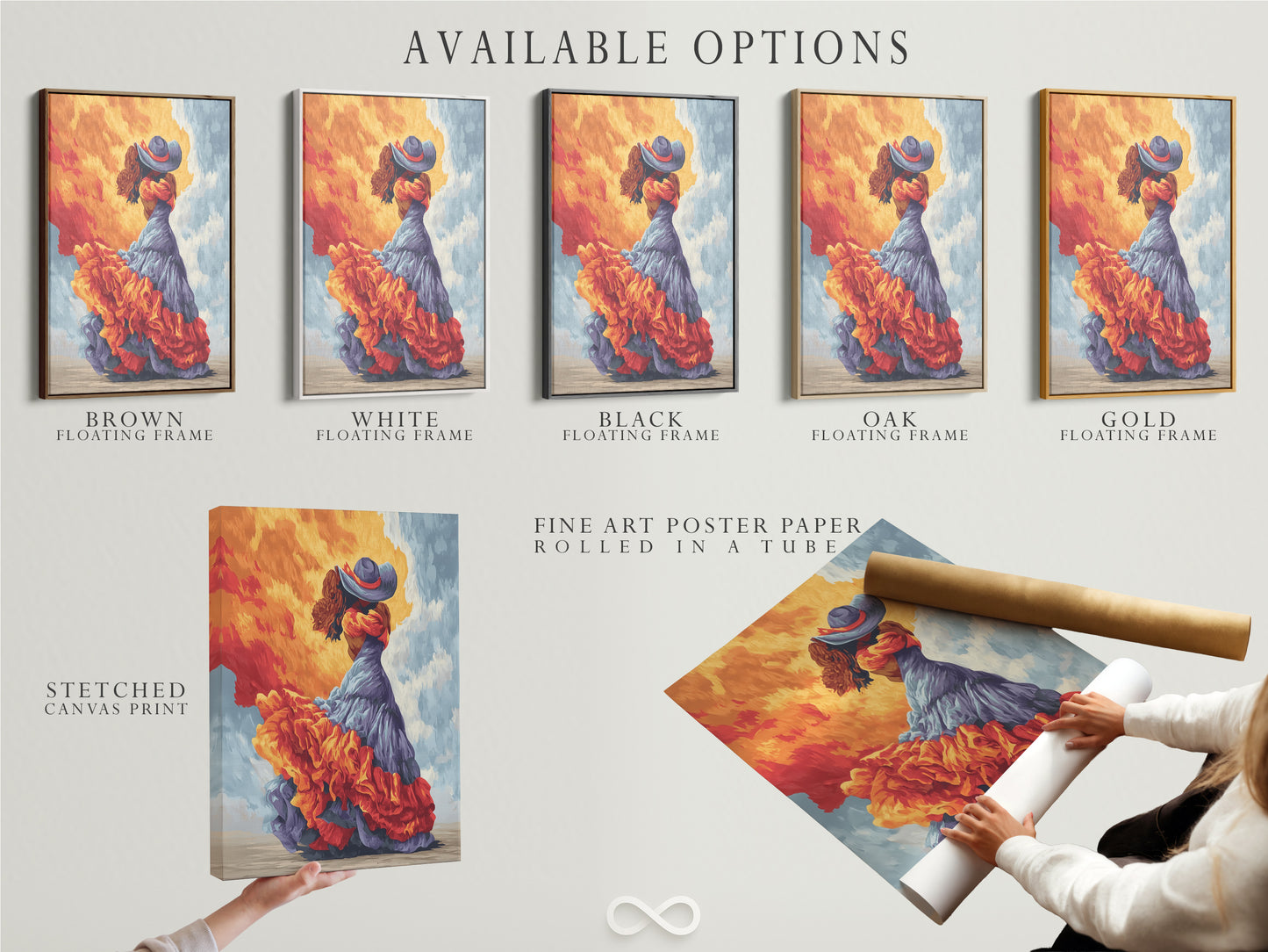 Available options for flamenco dancer artwork. Choose from stretched canvas prints fine art poster paper or floating frames. Customize your artwork to match your style. Enhance your space with vibrant artwork.