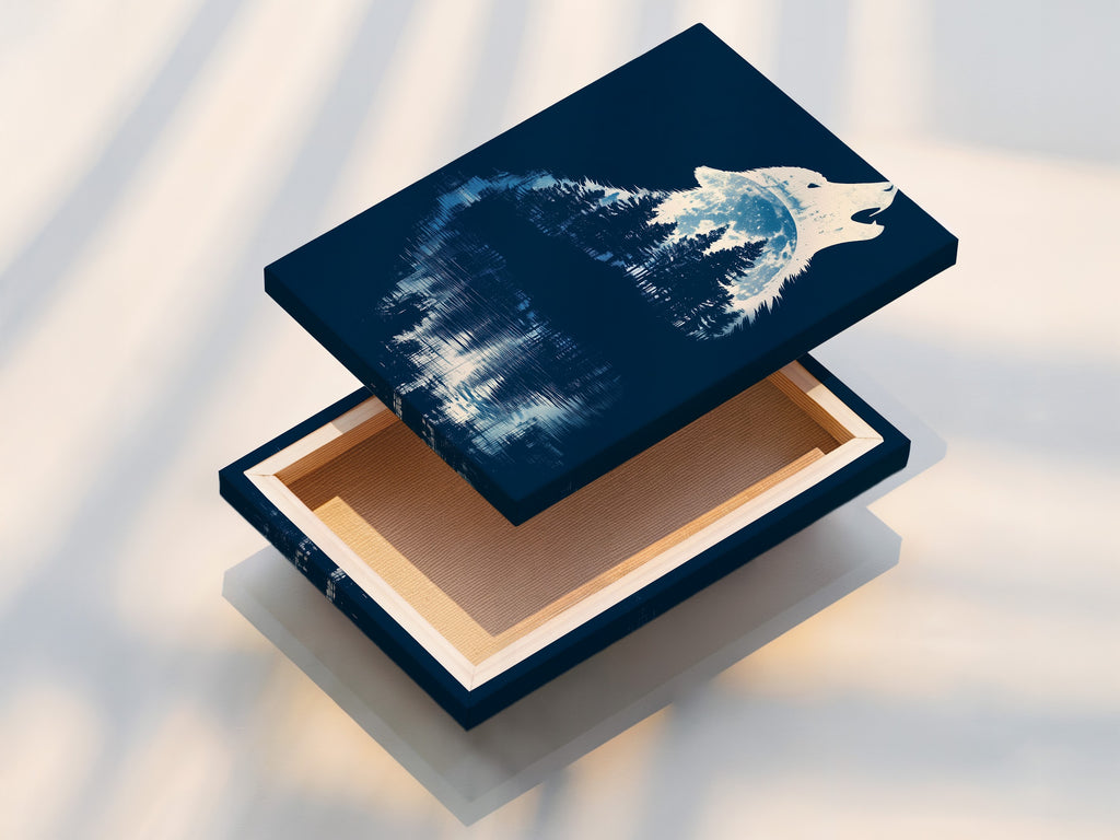 Stretched canvas print of the wolf silhouette. The navy blue forest wall art is perfect for any space. This wilderness canvas is ideal for rustic and primitive styles. A beautiful animal wall art piece.