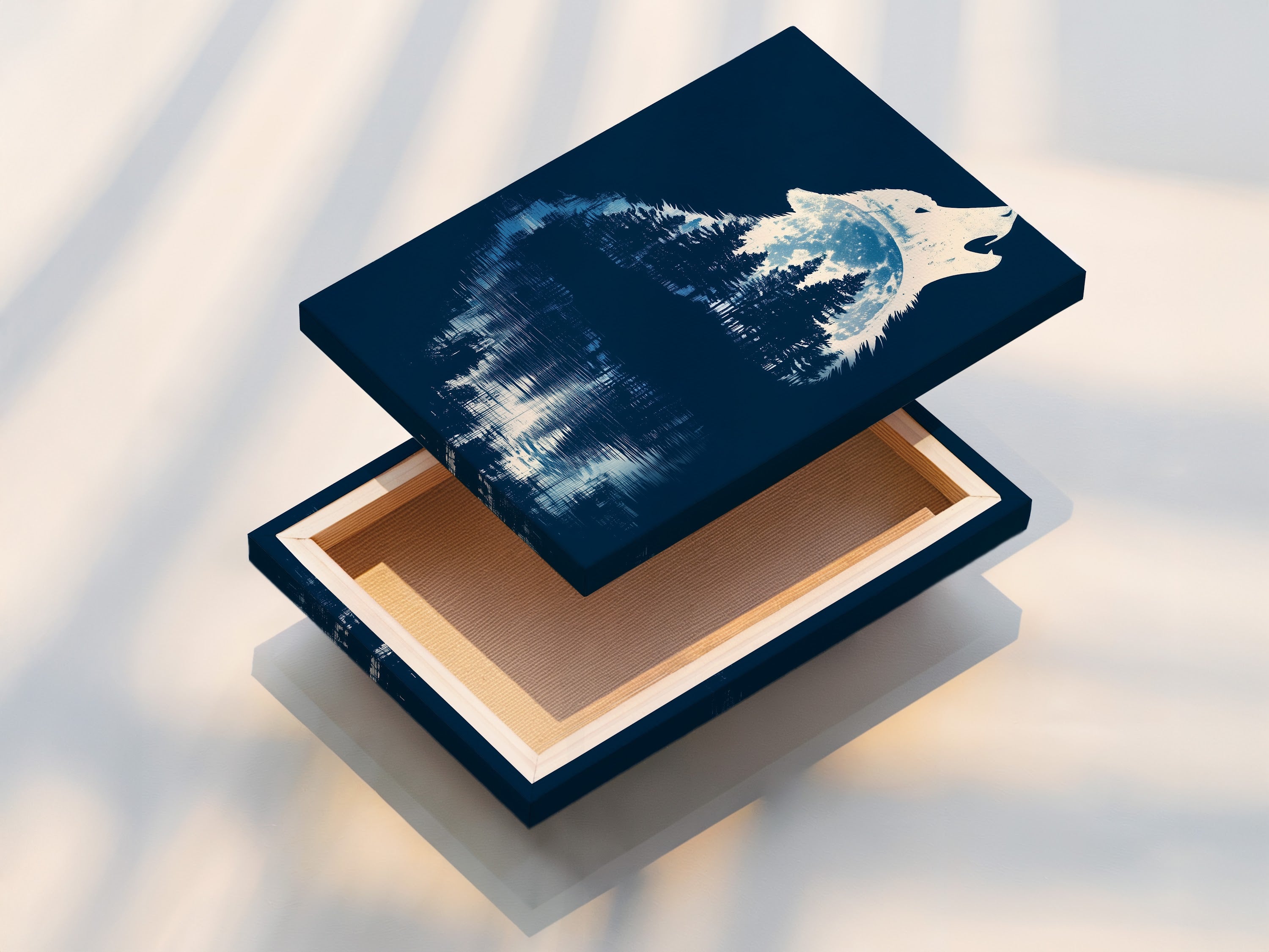 Stretched canvas print of the wolf silhouette. The navy blue forest wall art is perfect for any space. This wilderness canvas is ideal for rustic and primitive styles. A beautiful animal wall art piece.