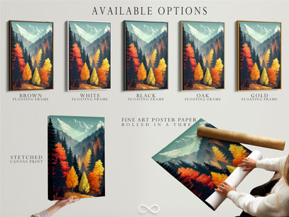 Available options for the Autumn Forest artwork. Choose between a stretched canvas print fine art poster paper or a floating frame. Customize your mountain landscape wall art to match your style. The fall colors bring warmth to any room.