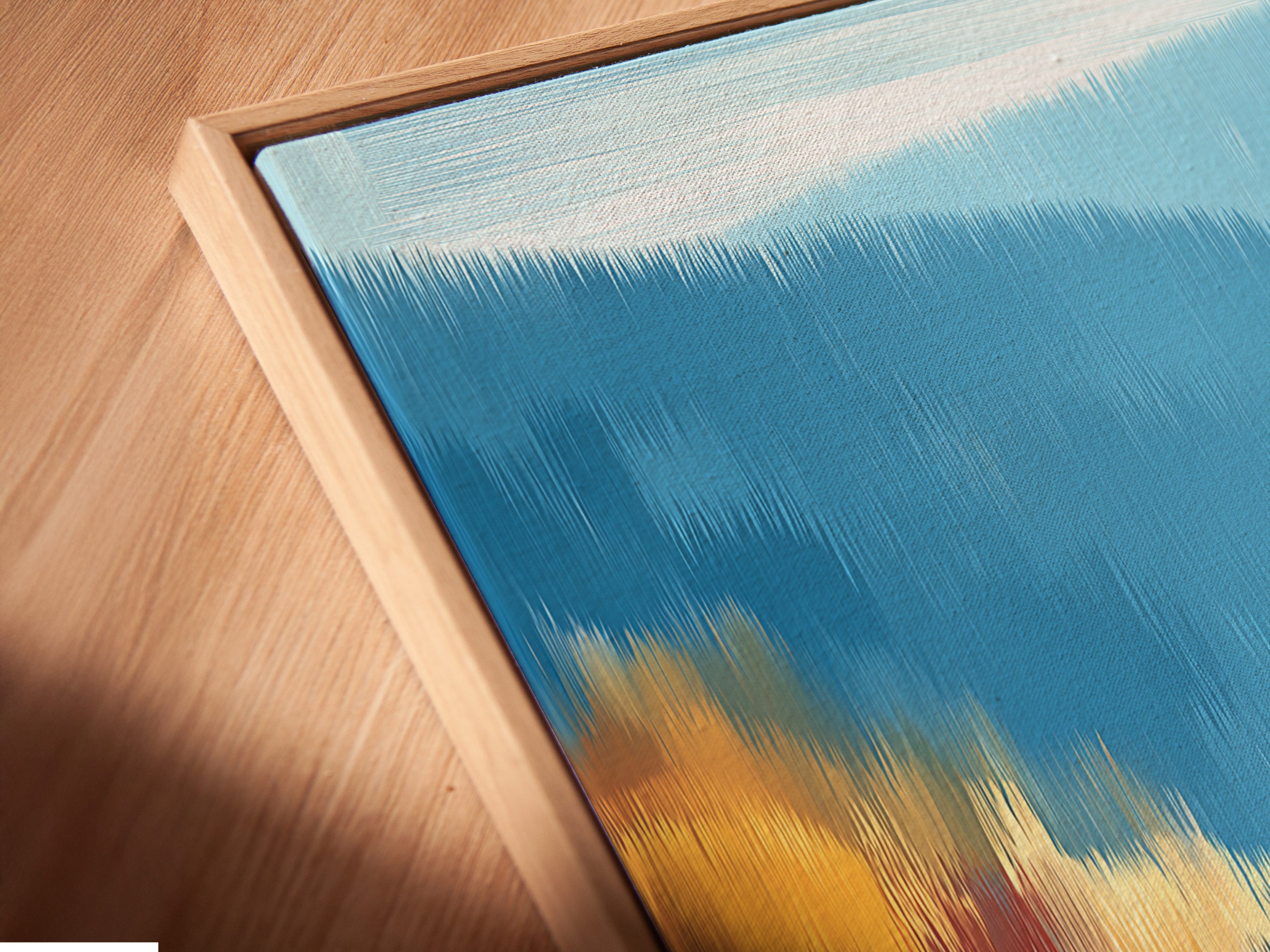 Close-up angled view of a canvas print in a floating frame. The marathon runners artwork looks stunning in this modern frame style. Perfect for adding a contemporary touch to your home gym or office. See the detail and quality of this sports canvas art.