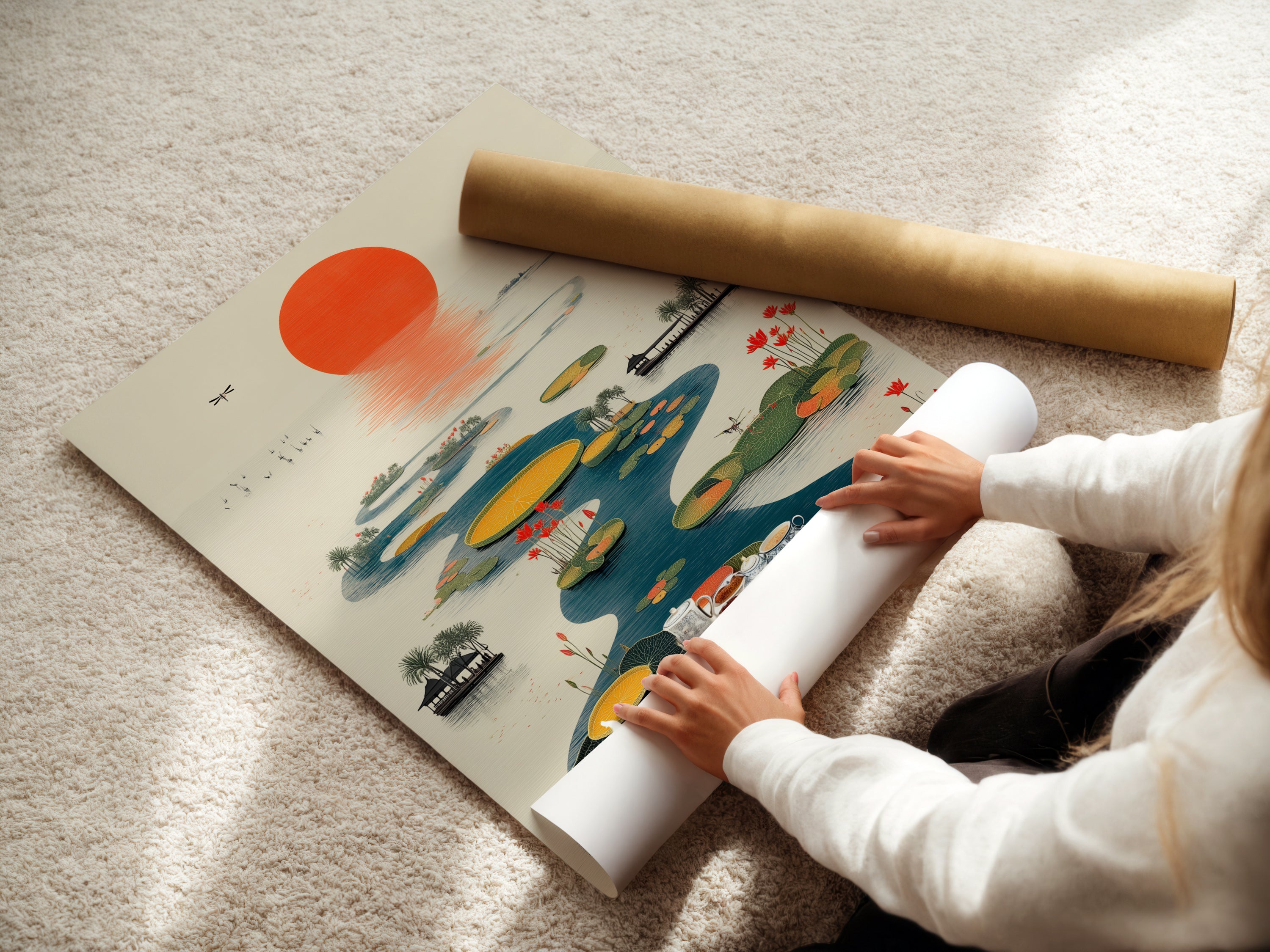 A woman is carefully rolling a fine art poster paper featuring the Asian Tea Ceremony artwork. This oriental wall art is perfect for homeowners and interior designers. The fine art paper ensures the artwork's high quality and detail. This tranquil piece is ideal for creating a serene atmosphere in any space.