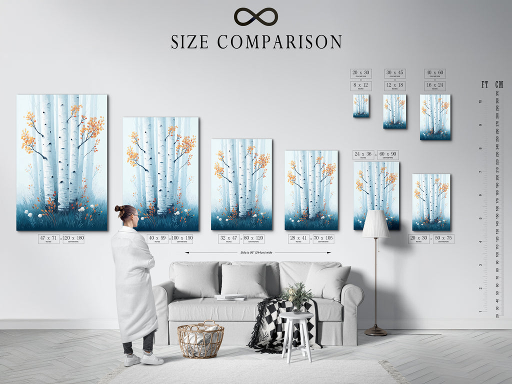 Size comparison chart in an interior setting. See how the birch tree canvas print looks in different sizes. Visualize the teal forest wall art in your space. Plan your Scandinavian style decor today.
