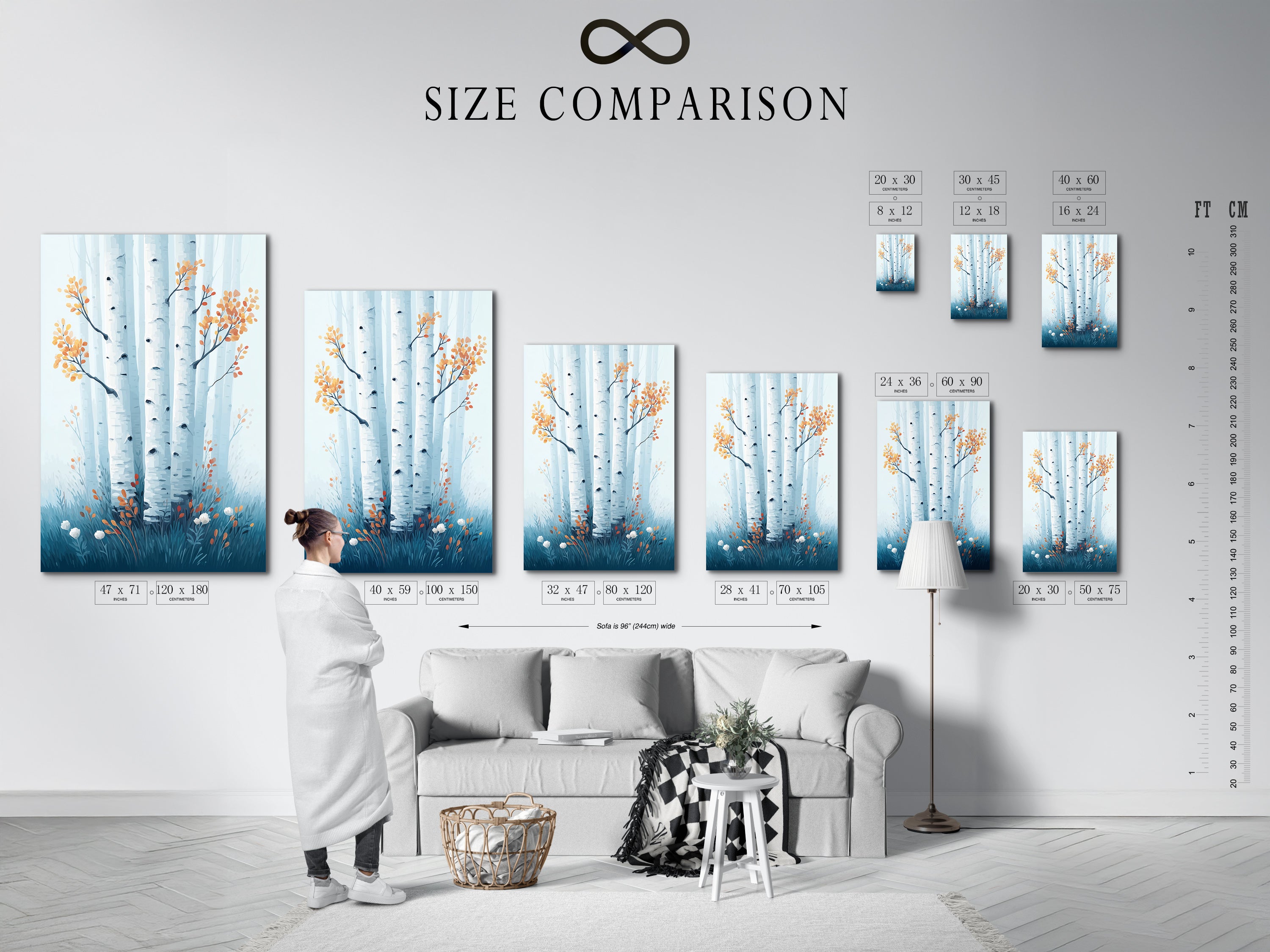 Size comparison chart in an interior setting. See how the birch tree canvas print looks in different sizes. Visualize the teal forest wall art in your space. Plan your Scandinavian style decor today.