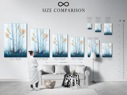 Size comparison chart in an interior setting. See how the birch tree canvas print looks in different sizes. Visualize the teal forest wall art in your space. Plan your Scandinavian style decor today.