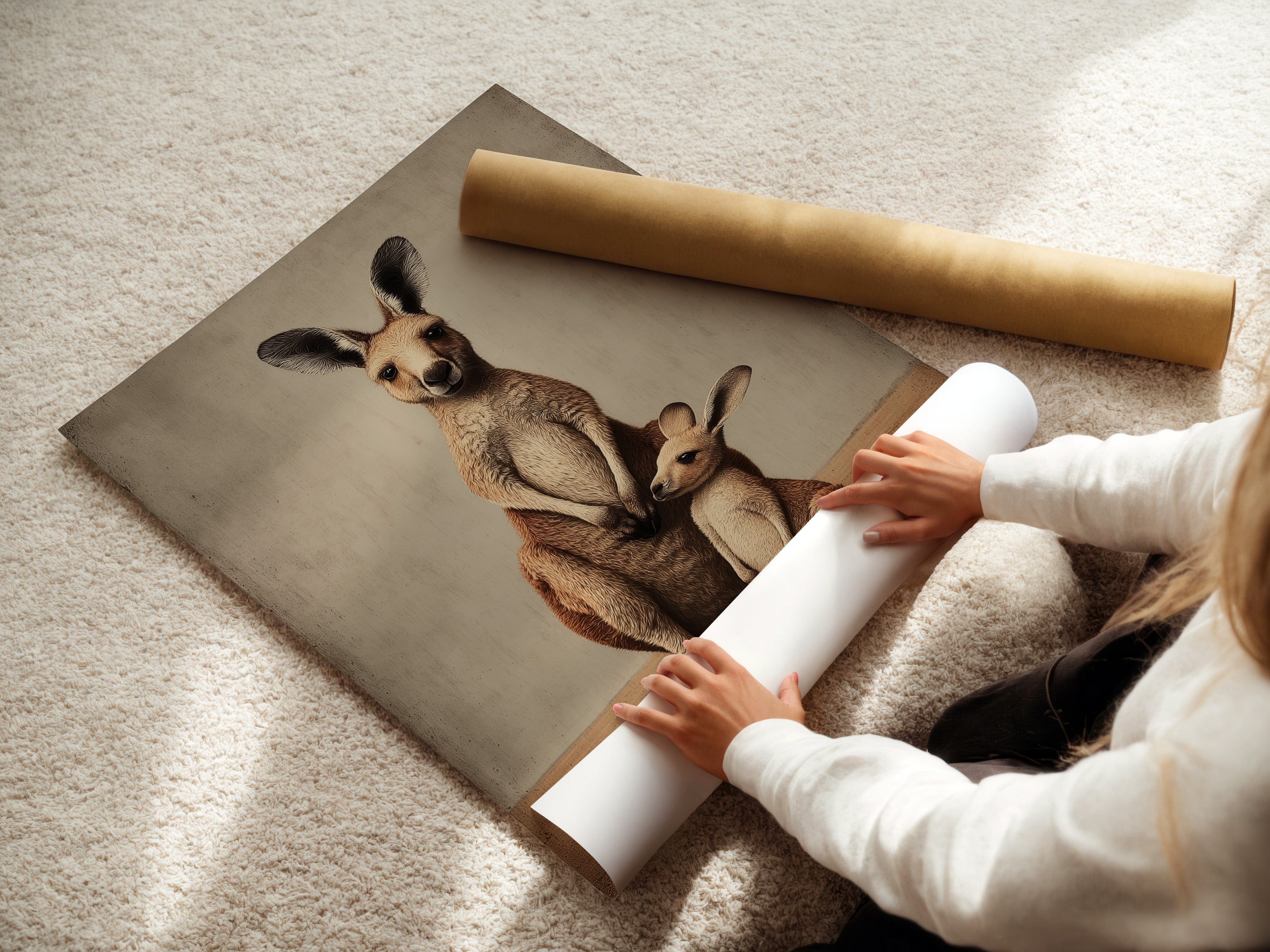 A woman is carefully rolling a fine art poster paper. This ensures the kangaroo family artwork arrives in perfect condition. The poster paper preserves the quality and detail of the marsupial art.