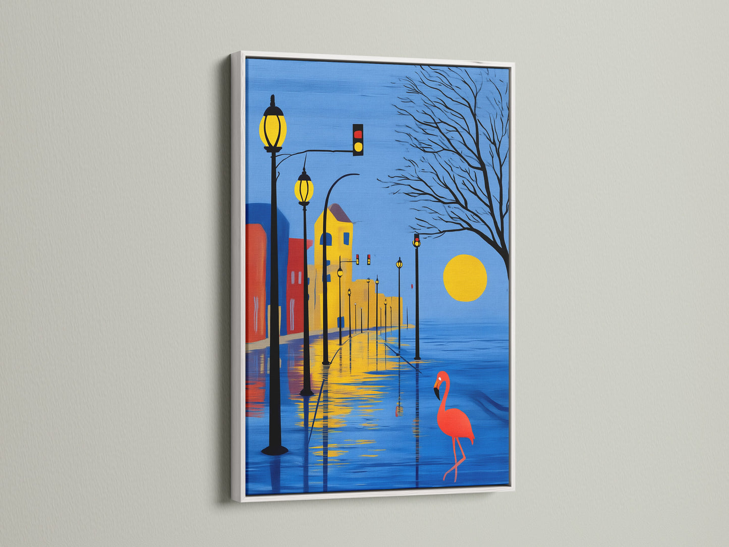 Modern cityscape artwork with a white frame. This flamingo print is a vibrant addition to any room. The blue and yellow hues create a calming atmosphere. Great for bedroom wall decor or office spaces. Bring urban beauty home today.