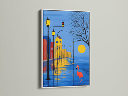 Modern cityscape artwork with a white frame. This flamingo print is a vibrant addition to any room. The blue and yellow hues create a calming atmosphere. Great for bedroom wall decor or office spaces. Bring urban beauty home today.