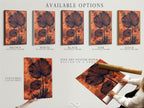 Available options for botanical fan palm artwork. Choose from stretched canvas print fine art poster paper or floating frame. This tropical foliage poster offers versatility. Customize your burnt orange wall art. Perfect for any decor style.