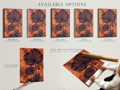 Available options for botanical fan palm artwork. Choose from stretched canvas print fine art poster paper or floating frame. This tropical foliage poster offers versatility. Customize your burnt orange wall art. Perfect for any decor style.