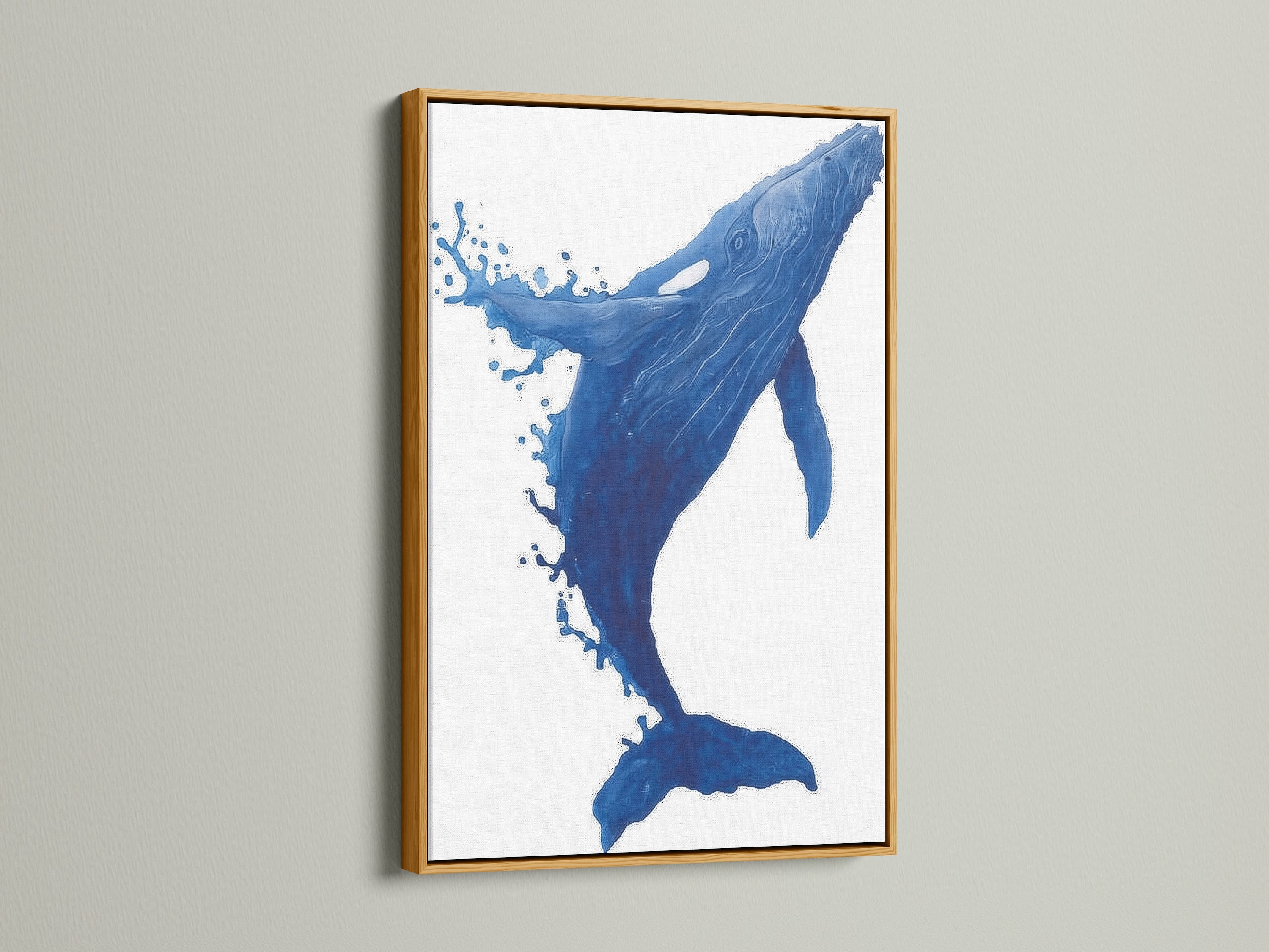 Enhance your home with our Whale Canvas Print in a gold frame. The blue ocean wall art brings a touch of luxury to any space. Perfect for coastal nautical or elegant interiors. This aquatic artwork complements minimalist and Scandinavian styles. Discover our range of sea animal art.